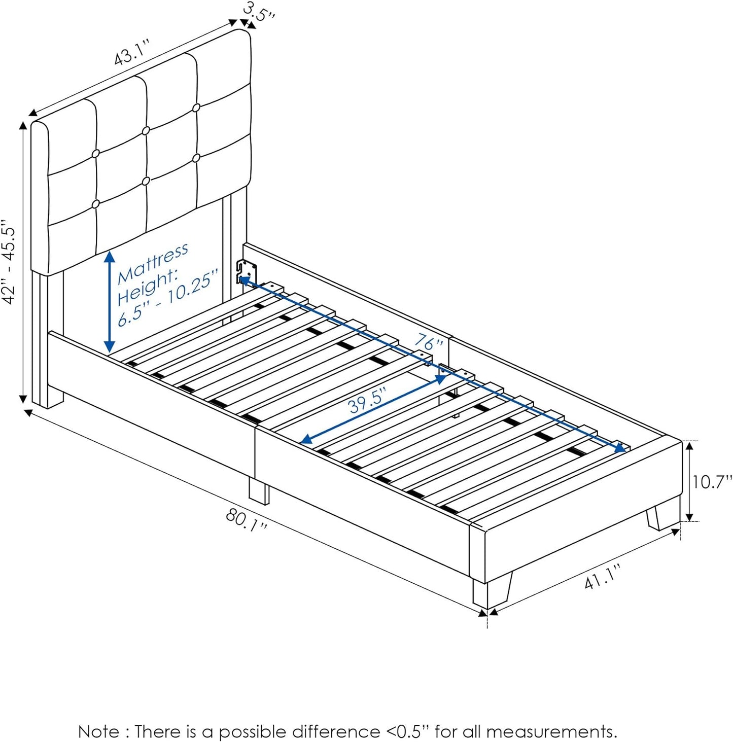 NEW - Furinno TWIN Laval Button Tufted Upholstered Platform Bed Frame, Glacier - Retail $119