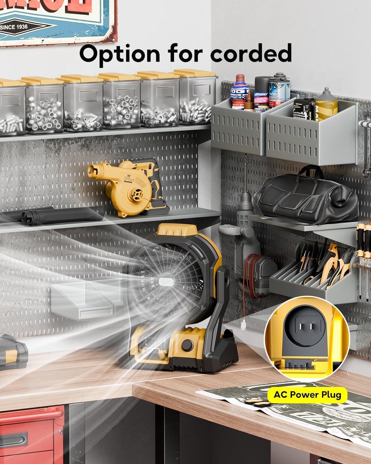 Battery Operated Fan, for DeWalt 20V Max Battery, Camping Fan Cordless, Option for Corded, with LED Lights, Variable Speed, Hook for Hanging, for Jobsite, Black(Battery Not Included)