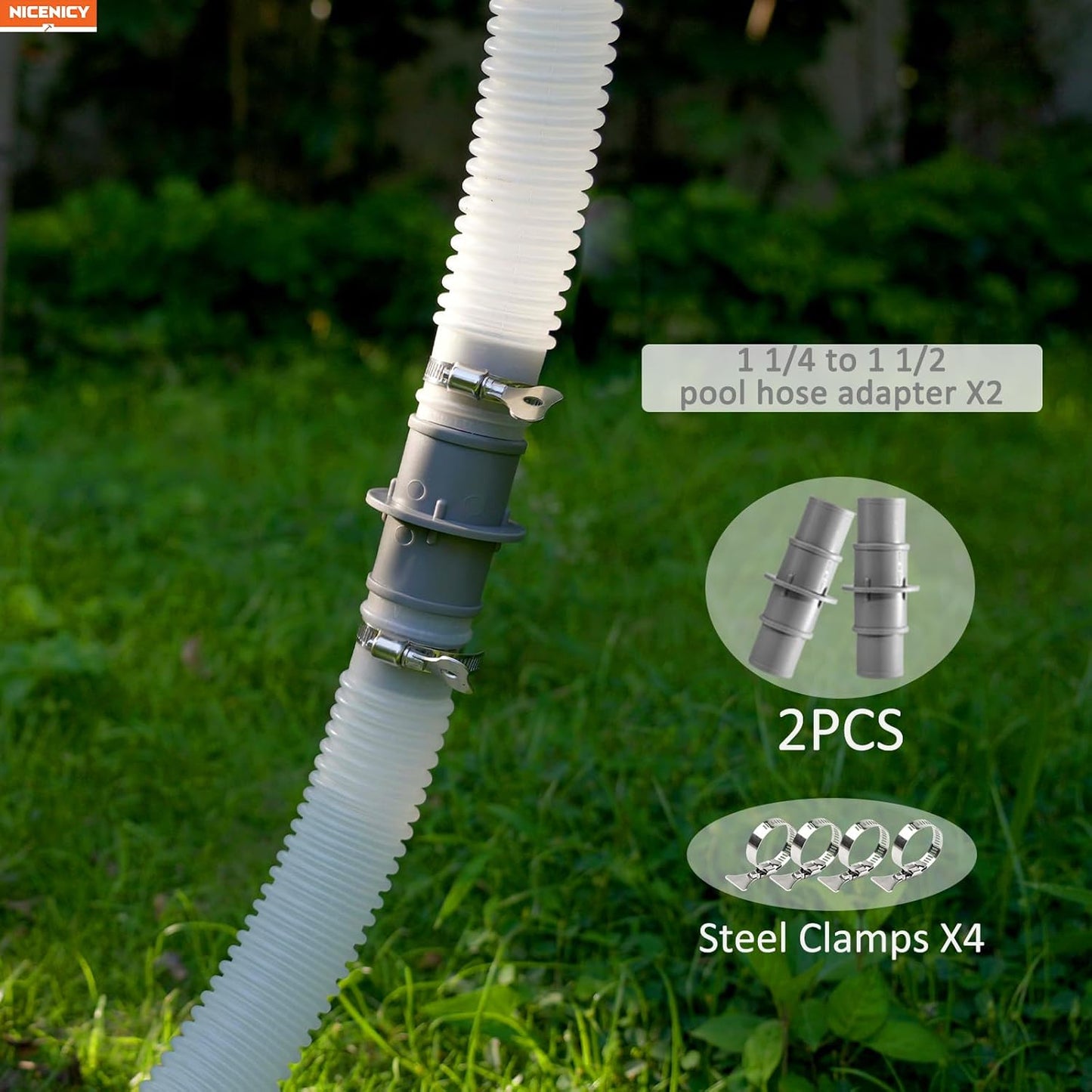 NICENICY Pool Hose Connector, 1.5" or 1.25" Pool Hose Connector Coupling with 4PCS Steel Clamps, Pool Hose Adapter for Swimming Pool Vacuum or Filter Pump Hoses, 2PCS