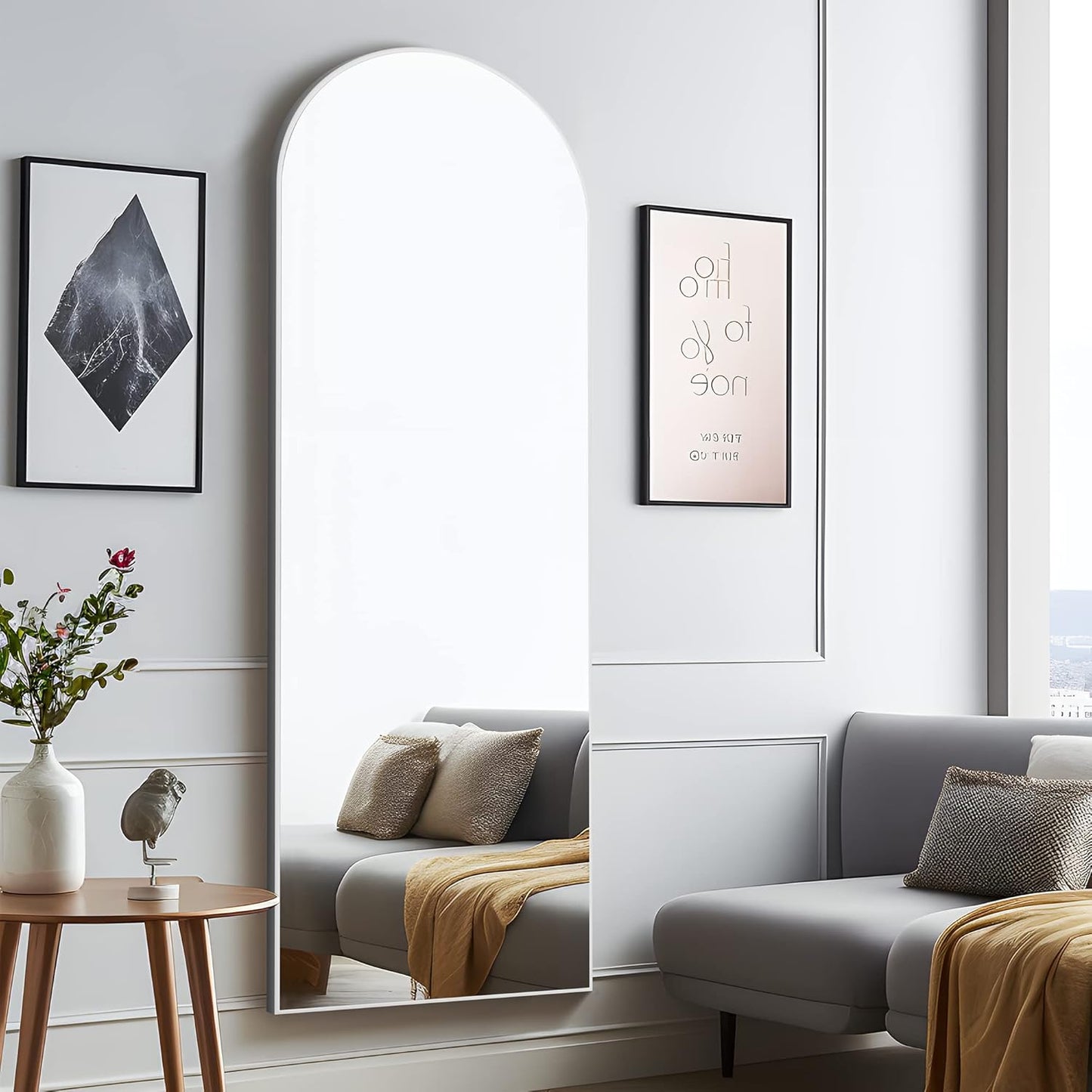 NeuType Arched Full Length Mirror, 65"x22"Full Body Mirror, Wooden Thin Frame, Hanging or Leaning Against Wall, Oversized Large Bedroom Mirror, Floor Mirror, Dressing Mirror, Silver