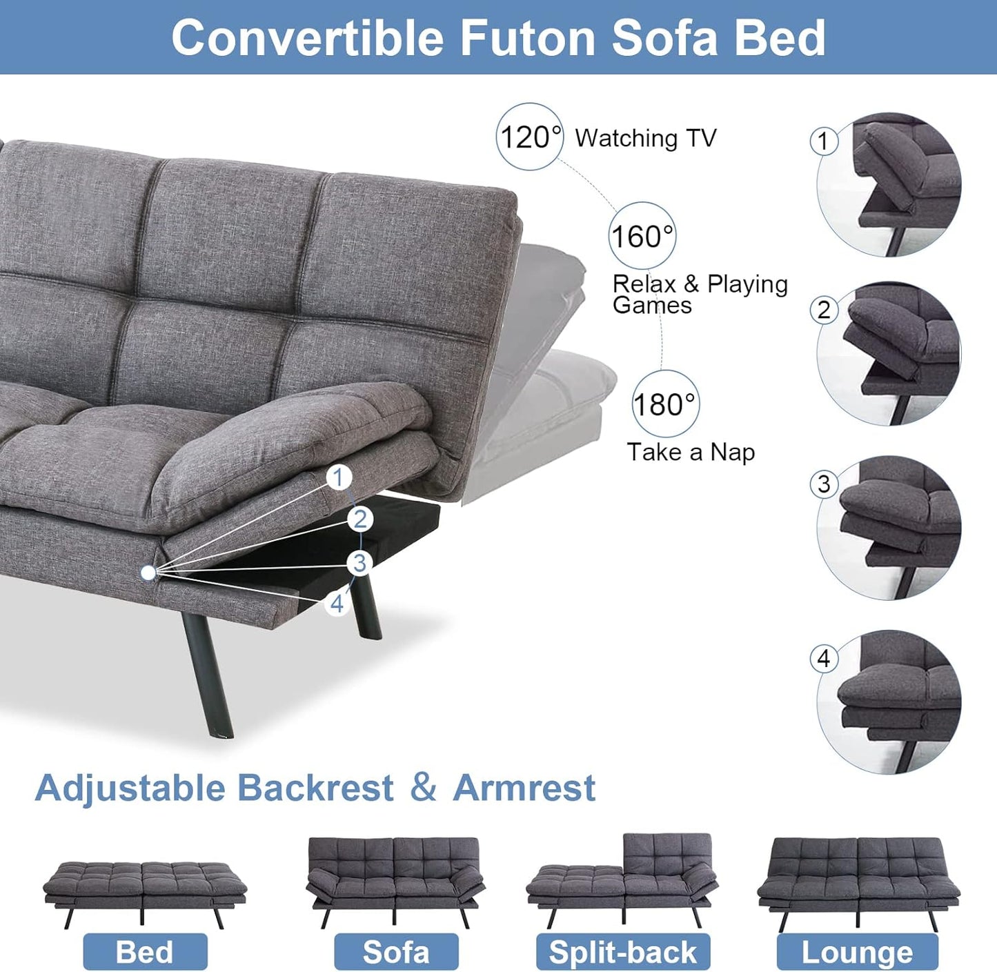 MUUEGM Futon Sofa Bed Couch Memory Foam Futon Convertible Couch Bed Sleeper,Modern Love Seat Daybed Sofa for Living Room,Small Space,Office,71",Adjustable Backrests Armrests,Grey