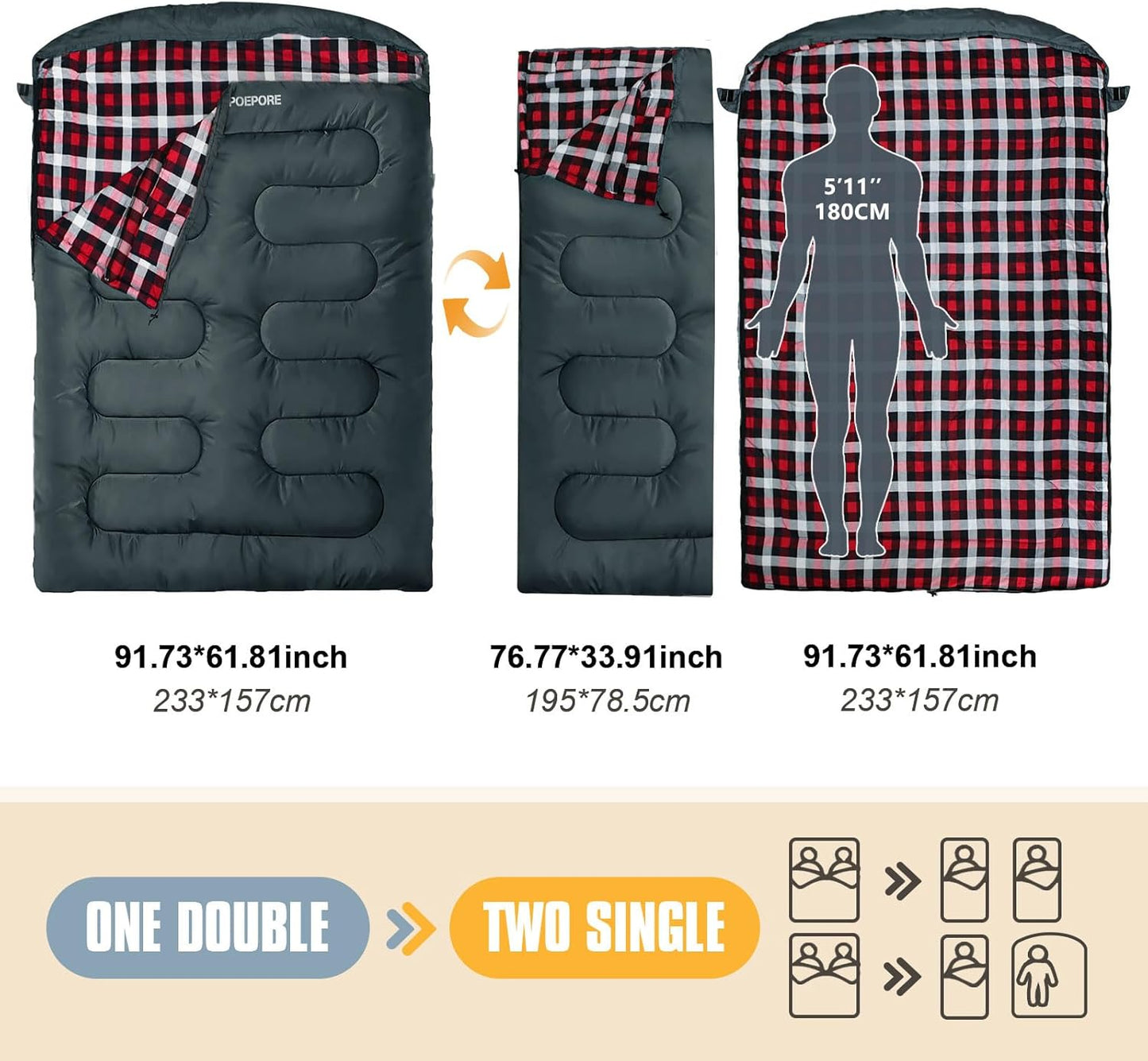 Double Sleeping Bag Flannel for Adults with 2 Pillows 2 Person Sleeping Bags Camping XXL Queen Size Two Person Sleeping Bag for Cold Weather
