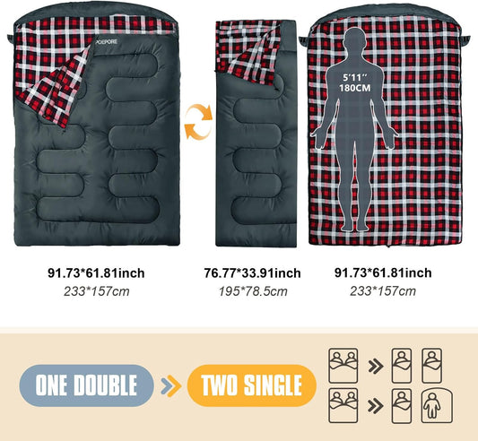 Double Sleeping Bag Flannel for Adults with 2 Pillows 2 Person Sleeping Bags Camping XXL Queen Size Two Person Sleeping Bag for Cold Weather