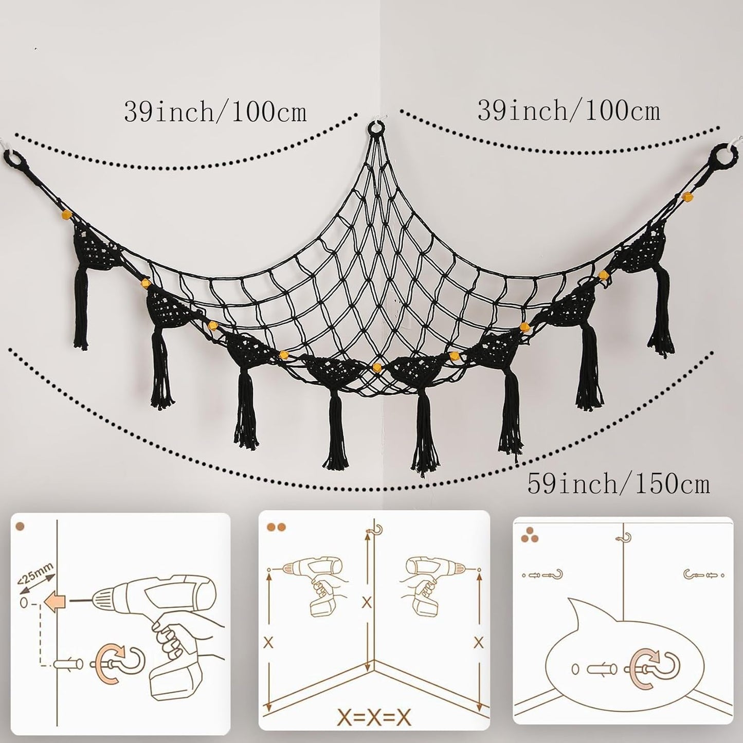 Stuffed Animal Toy Storage Net Hanging Organizer Kid's Playroom Stuffed Animal Display Plush Toy Hammock for Corner Hanging Net-Black