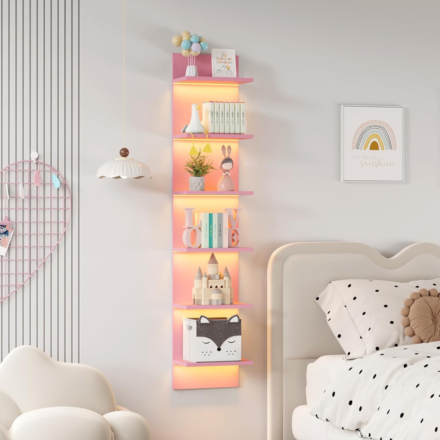 6 Tier Wall Shelf Unit with LED Light, Display Floating Storage Home Decor Organizer Shelves for Bedroom Living Room, Pink