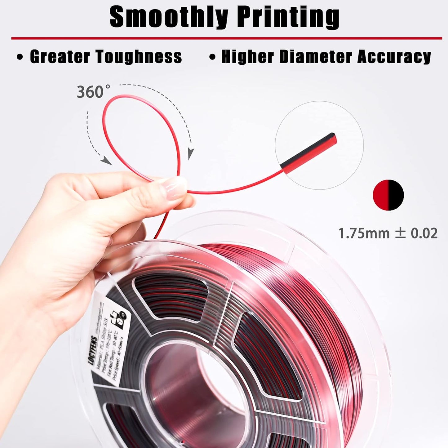 PLA Filament 1.75mm, Silk PLA 3D Printer Filament, High Speed Printing Dual Color Filament Black Red 2 in 1 Coextrusion 1.75 PLA Filament +/-0.02mm, 1kg/2.2lb
