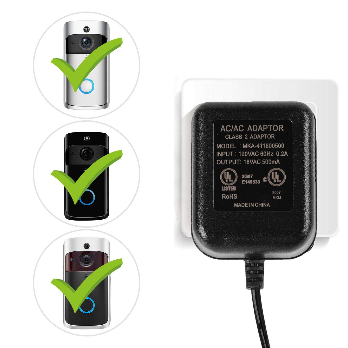AC 18V 500mA Doorbell Transformer,Ring Power Adapter Wired Door Bell Power Supply for Video Doorbell Ring 1/2/2 Pro and Thermostats,5m/16.4ft Cable
