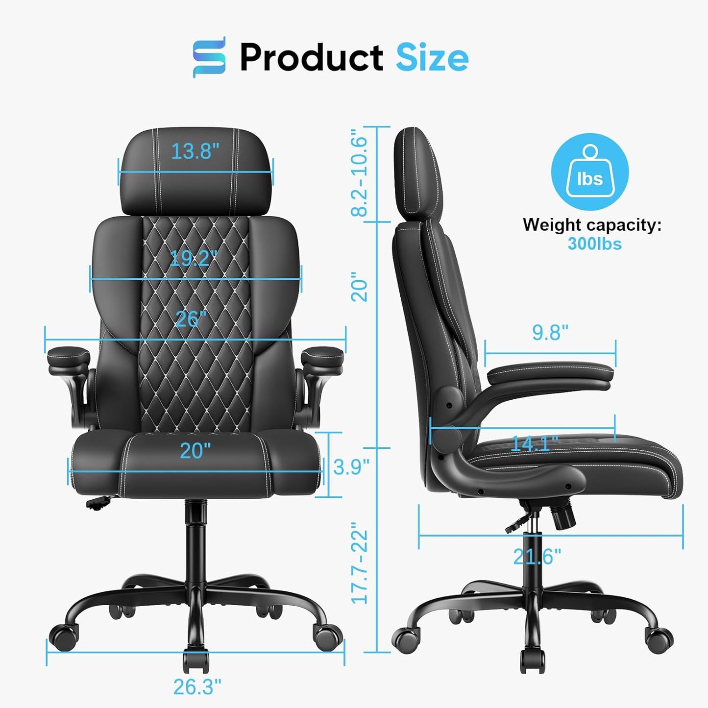 NEW - Sytas Executive Leather Office Chair, Comfy Desk Chair with Adjustable Headrest & Flip-up Padded Arms & Lumbar Support, Adjustable Hight and Tilt, Rolling Swivel Chair, Black - Retail $200