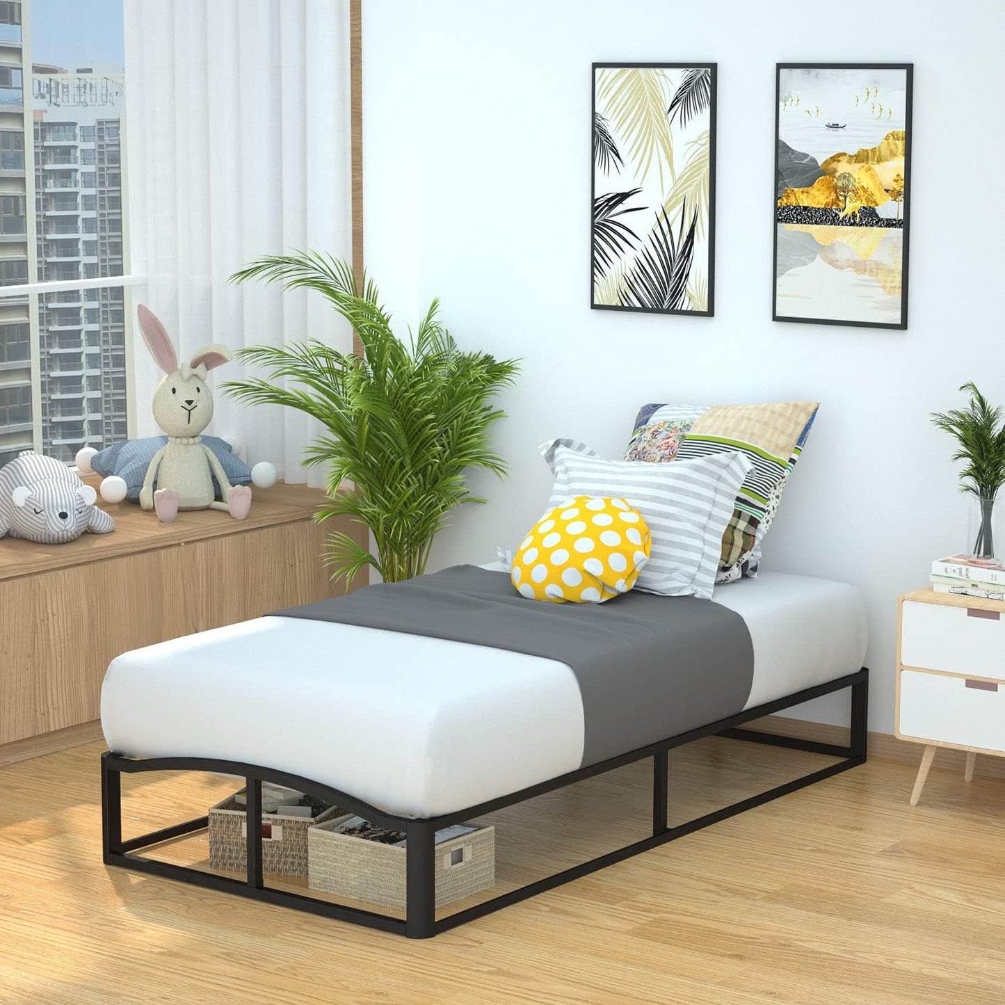 NEW - Amazon Basics Twin Metal Platform Bed Frame with Wood Slat Support, 10 Inches High, Black - Retail $106