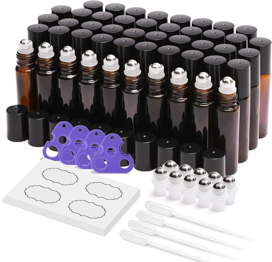Essential Oil Roller Bottles 8/48 Pack 10ml - ULG Glass Empty Roll on Bottles with Stainless Steel Roller Balls (Amber, 48count)
