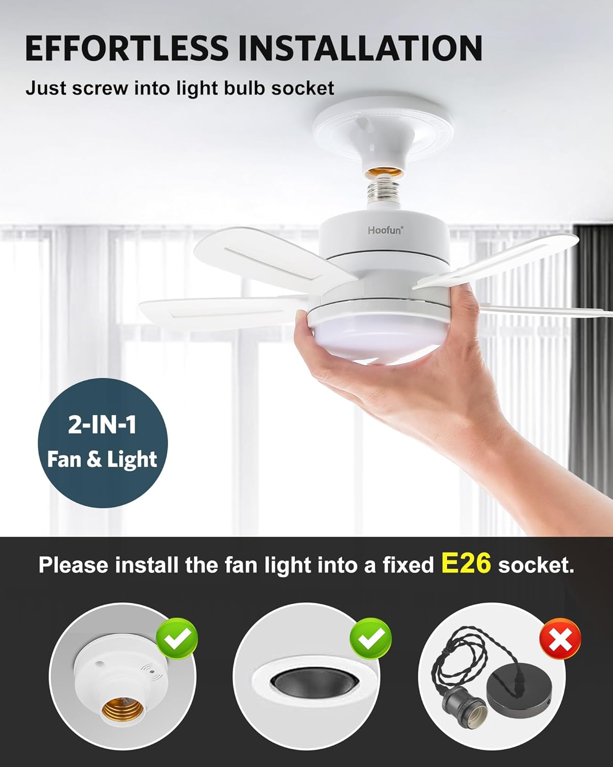 15.7" Socket Fan with Light and Remote, 3000K-6500K, 1700LM, Wireless Screw in Light Socket Fan for Bedroom, Kitchen, Living Room, Garage, E26 Base