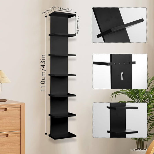 Fun Memories 7 Tier Wall Shelf Unit, Vertical Floating Shelf, Wall Mount Lack Shelving Home Decor Organizer Tall Tower Design Utility Shelving for Bedroom Living Room, Black