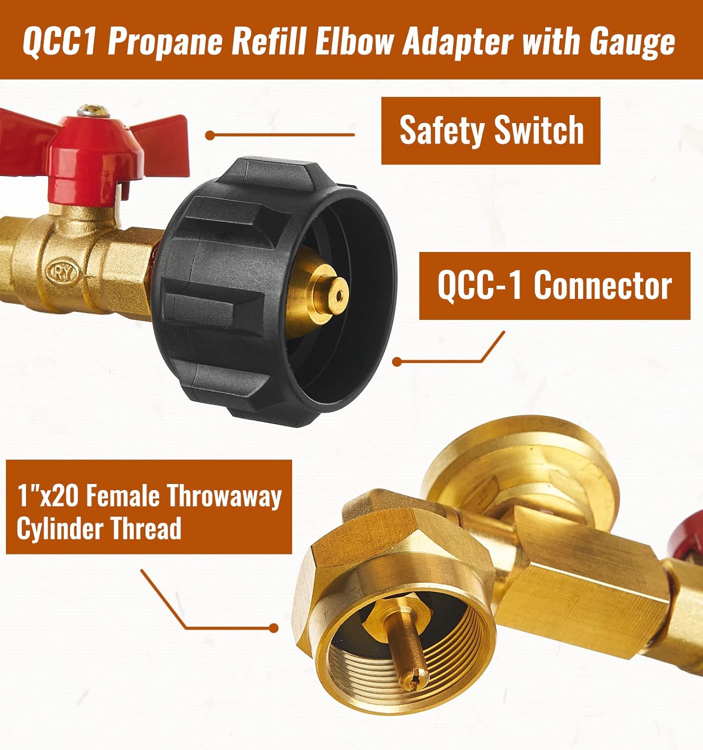 Propane Refill Adapter with Valve and Gauge, Fill 1 Pound Bottles from 20lb Tank, Fits QCC1 / Type1 Propane Tank and 1 lb Throwaway Disposable Cylinder Propane Bottle Connector