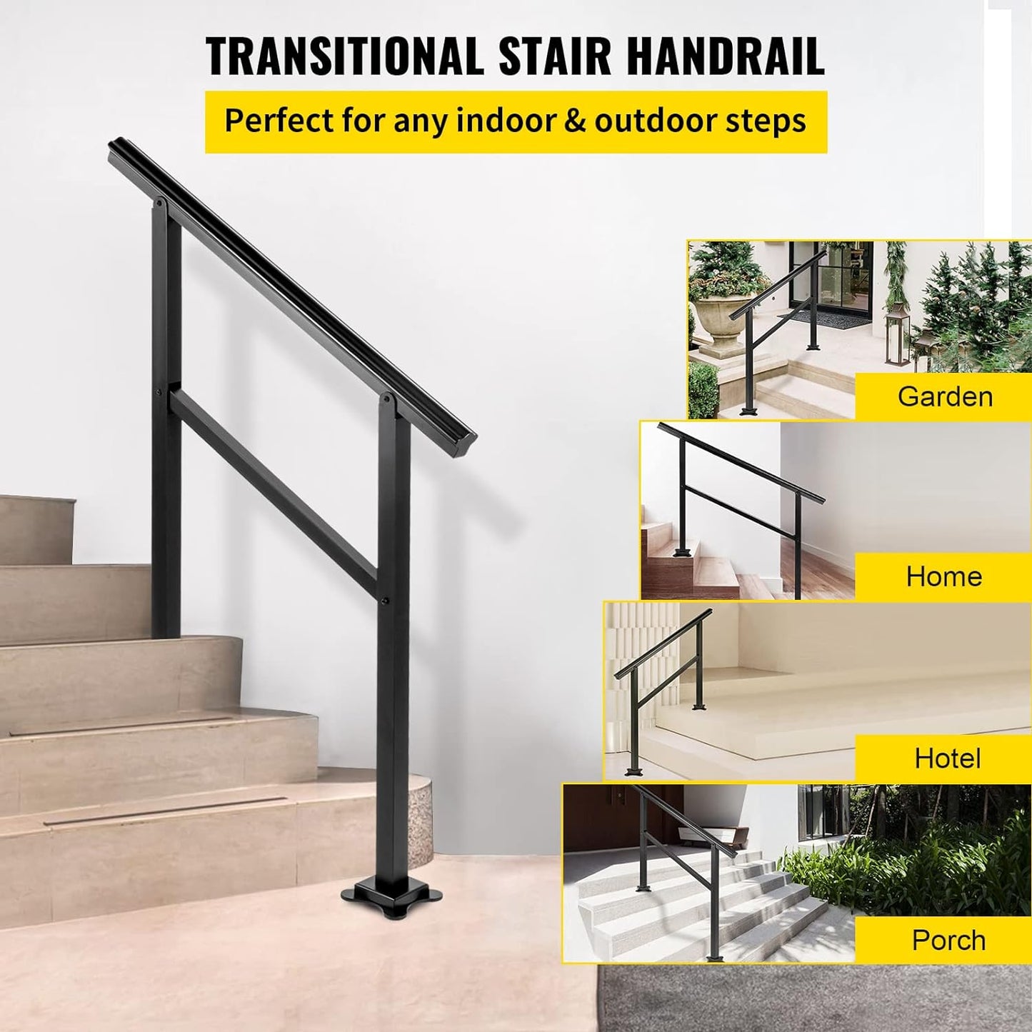 VEVOR Outdoor Handrail 165LBS Load Handrail Outdoor Stairs Aluminum Stair Handrail 36 x 35" Outdoor Stair Railing Transitional Range from 0 to 30Â° Staircase Handrail Fits 2-3 Steps with Screw Kit - Retail $69