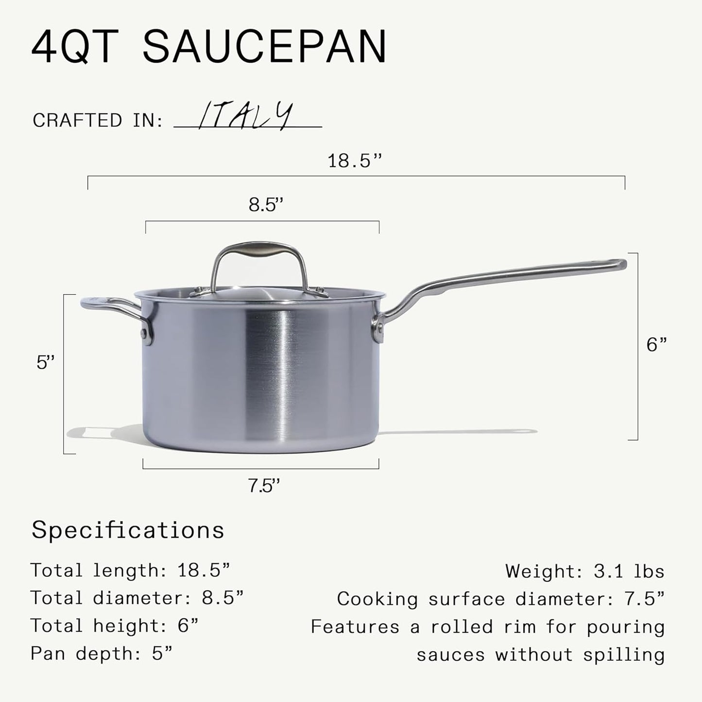 Made In Cookware - 4 Quart Stainless Steel Saucepan with Lid - 5 Ply Stainless Clad Sauce Pan - Professional Cookware - Crafted in Italy - Induction Compatible