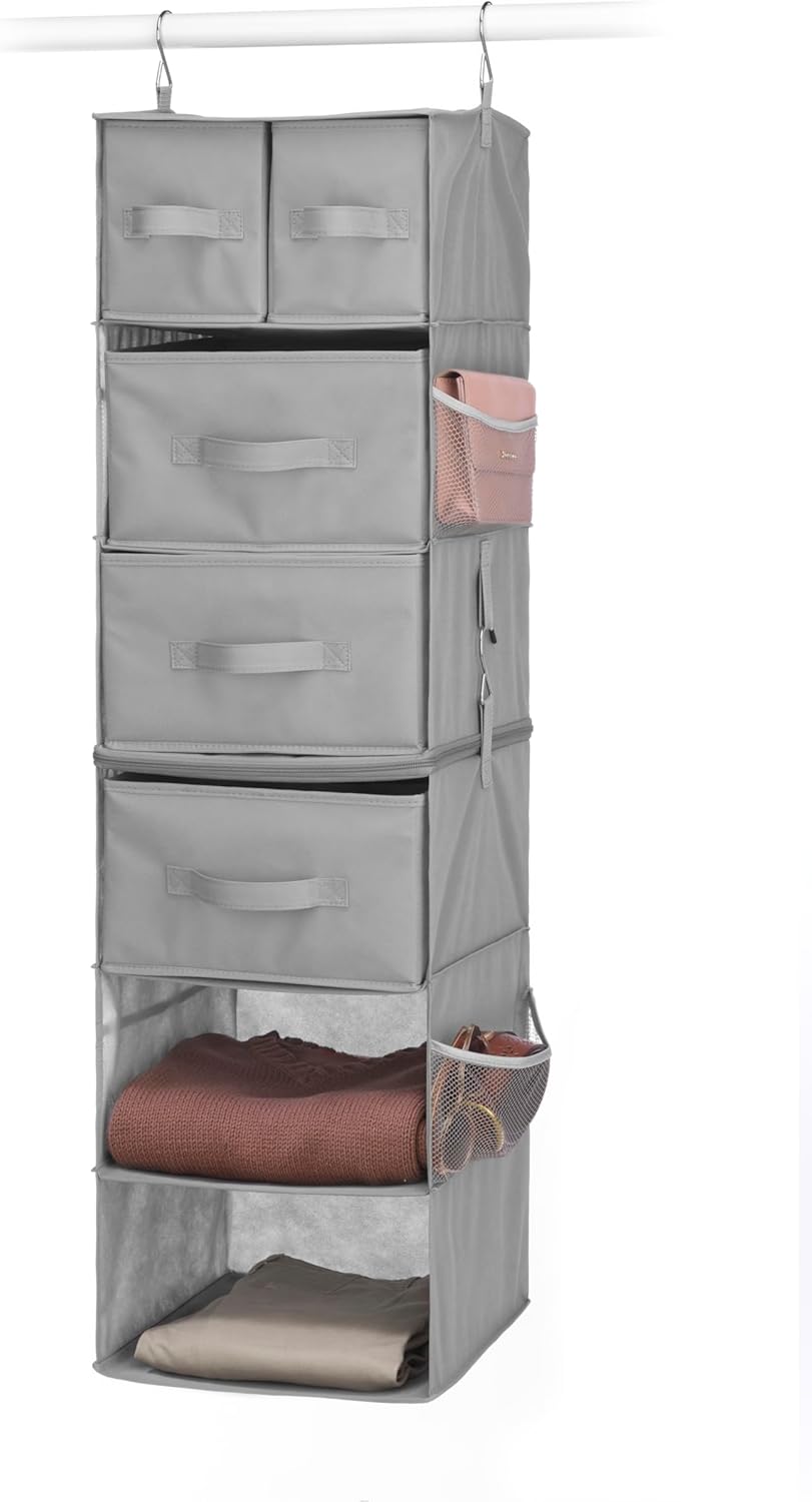 Whitmor Multi-Functional Hanging Organizer with Drawer Inserts- 5 Section - Closet Organizer - Grey