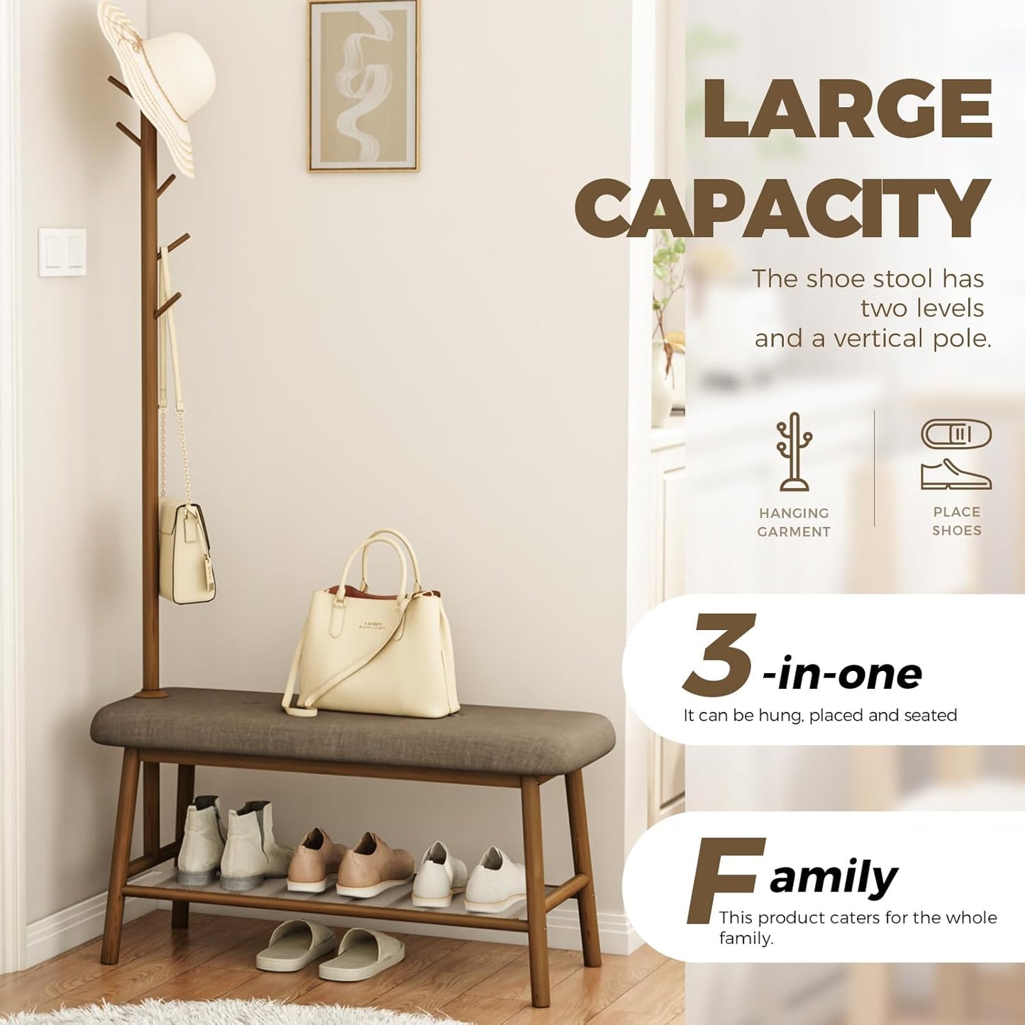 NEW w/ minor dmg - Bamworld Entryway Bench with Coat Rack Shoe Bench for Entryway Bench with Storage Bamboo 3-in-1 Design