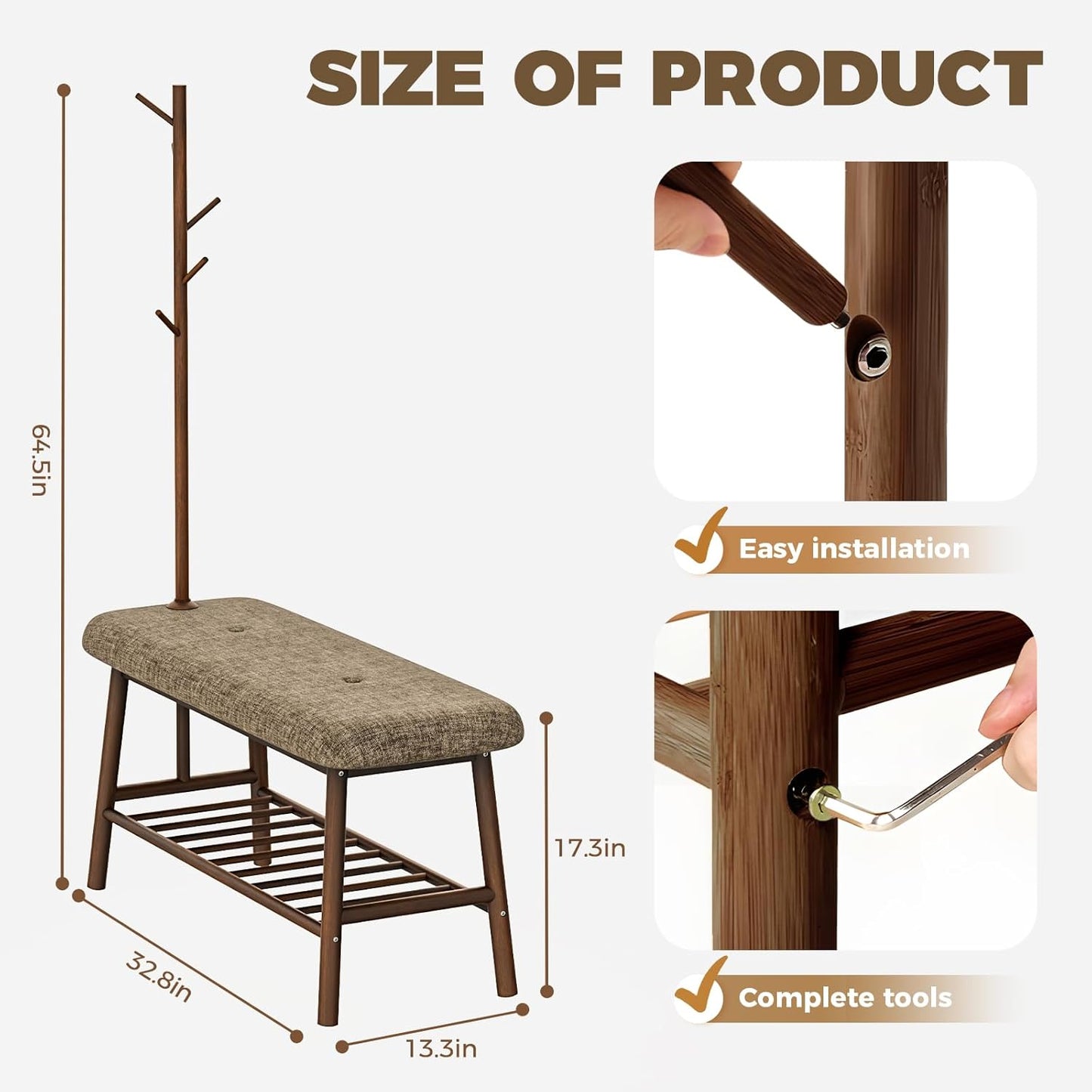 NEW w/ minor dmg - Bamworld Entryway Bench with Coat Rack Shoe Bench for Entryway Bench with Storage Bamboo 3-in-1 Design