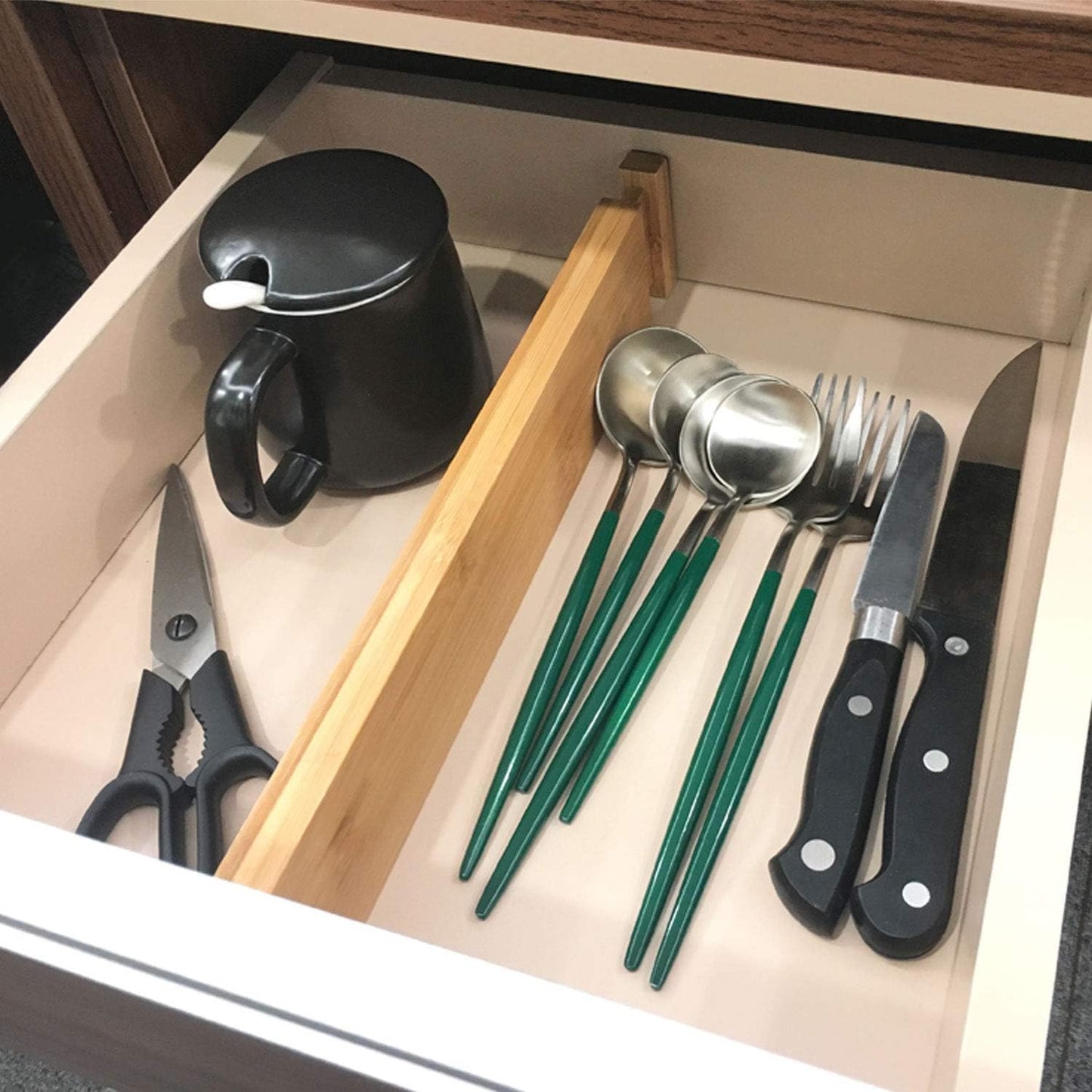 4 pcs Bamboo Kitchen Drawer Dividers, Adjustable Drawer Organizers, Spring Loaded, Works in Kitchen, Dresser, Bathroom, Bedroom, Drawer, Desk