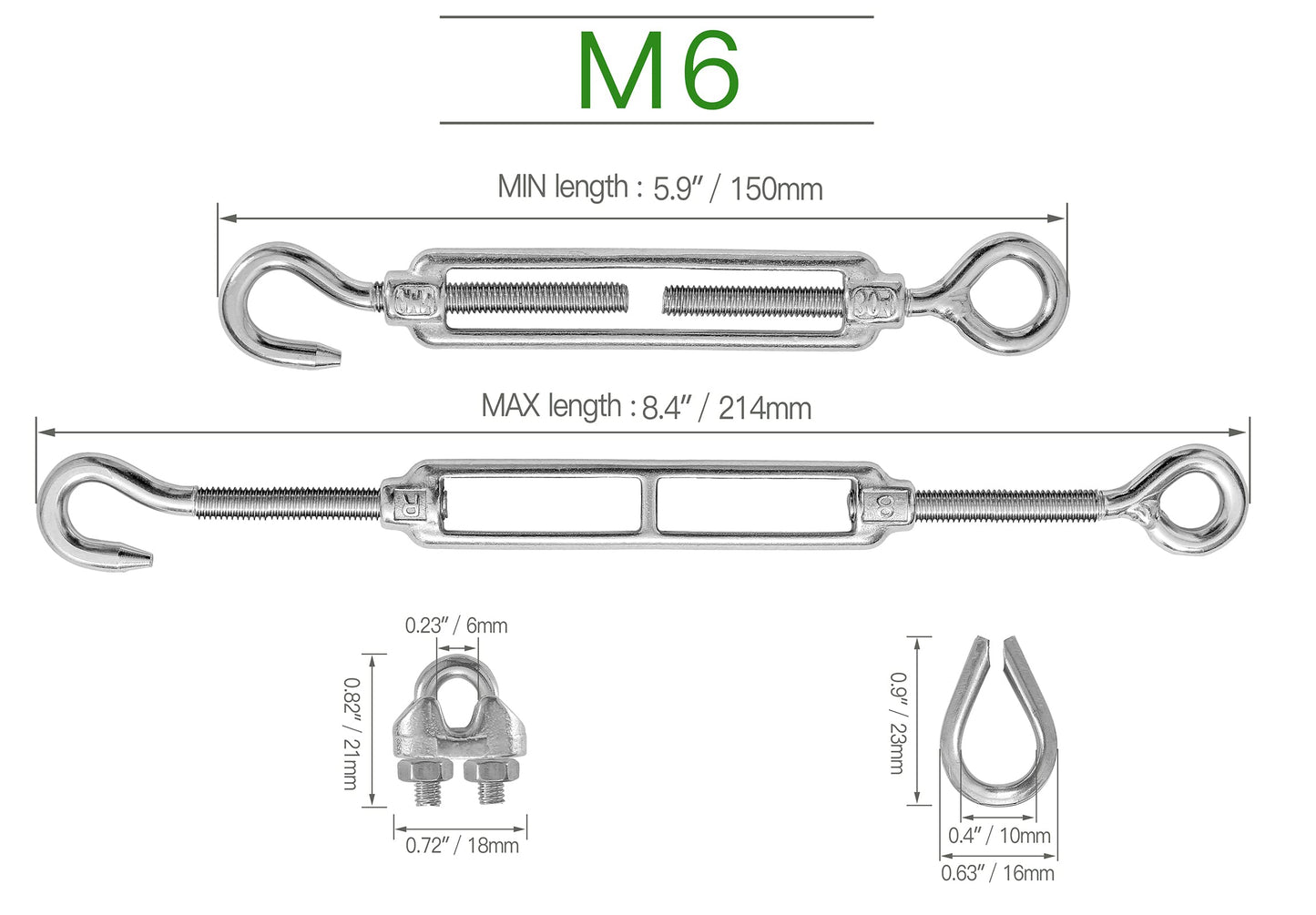 4PCS M6 Hook & Eye Turnbuckle 304 Stainless Steel Turnbuckle Wire Rope Tension, 8PCS M3 Stainless Steel Thimble, 16PCS M3 Wire Rope Clip Clamp, Cable Railing Kit