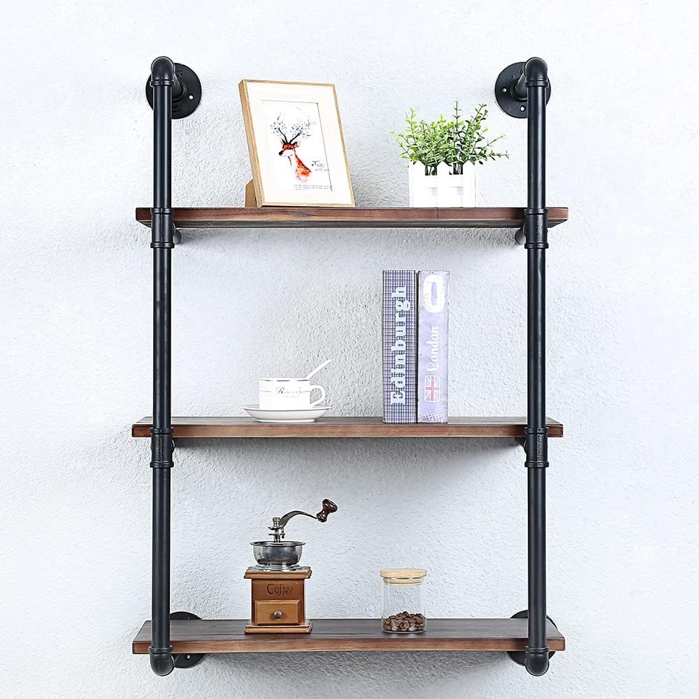 Industrial Pipe Shelving Wall Mounted,24in Rustic Metal Floating Shelves,Steampunk Real Wood Book Shelves,Wall Shelf Unit Bookshelf Hanging Wall Shelves,Farmhouse Kitchen Bar Shelving(3 Tier) - Retail $113