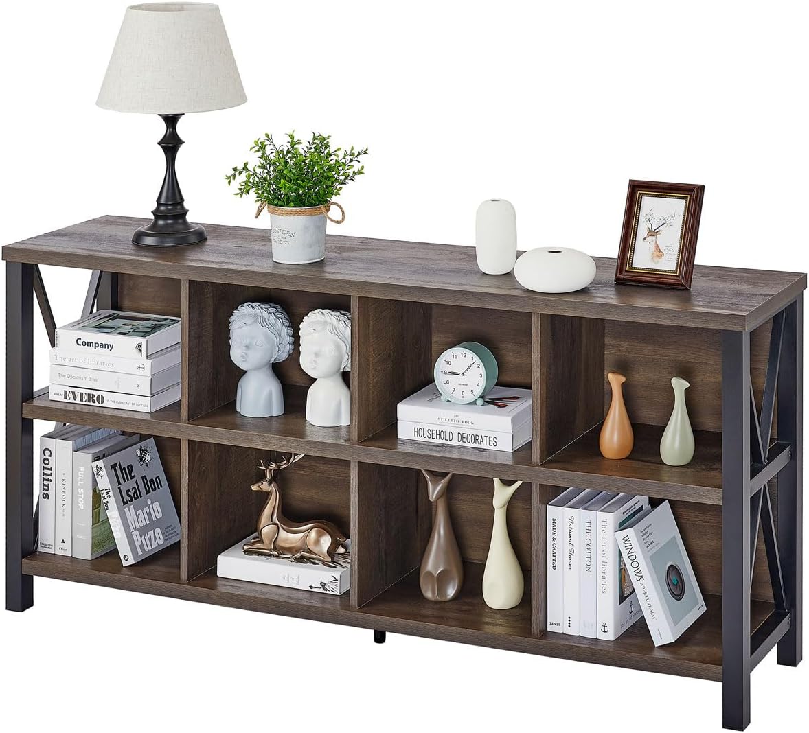NEW - FATORRI 8 Cube Storage Organizer Bookshelf, Rustic Wood Cubby Bookcase, Industrial Horizontal Long Shelf for Living Room (Walnut Brown, 62 Inch) - Retail $229