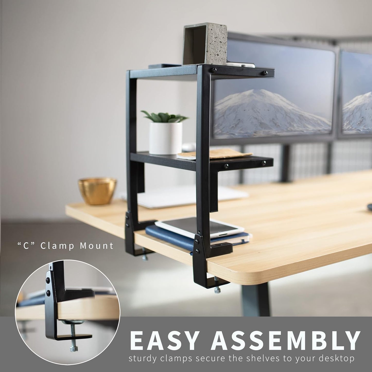 VIVO Clamp-on 13 inch Above or Below Desk 2-Tier Shelving Unit for Table Accessories, Gaming Devices, and More, Storage Tray, Desktop Organizer, Black, STAND-SHELF2C - Retail $40