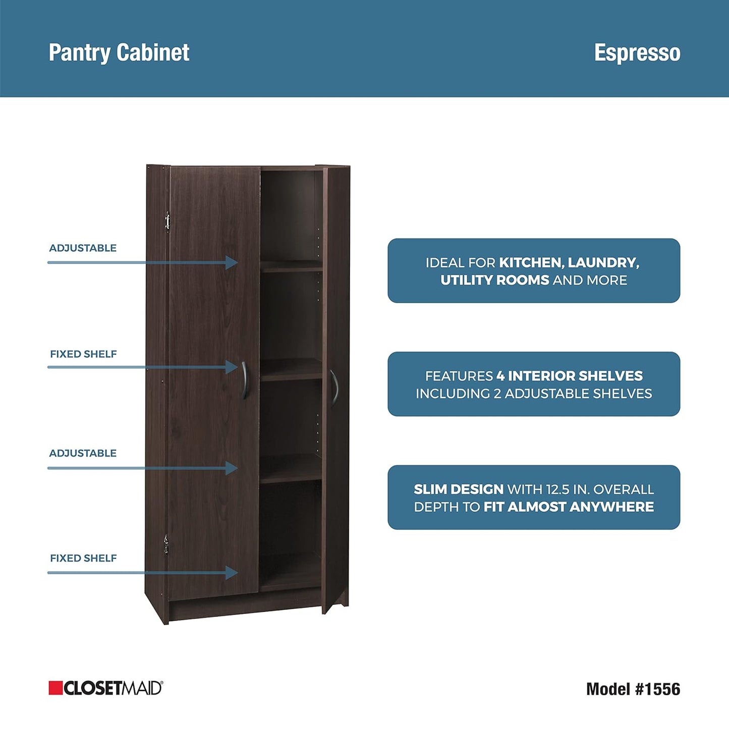 NEW w/ dmg - ClosetMaid Pantry Cabinet Cupboard with 2 Doors, Adjustable Shelves Standing, Storage for Kitchen, Laundry, or Utility Room, Espresso - Retail $165
