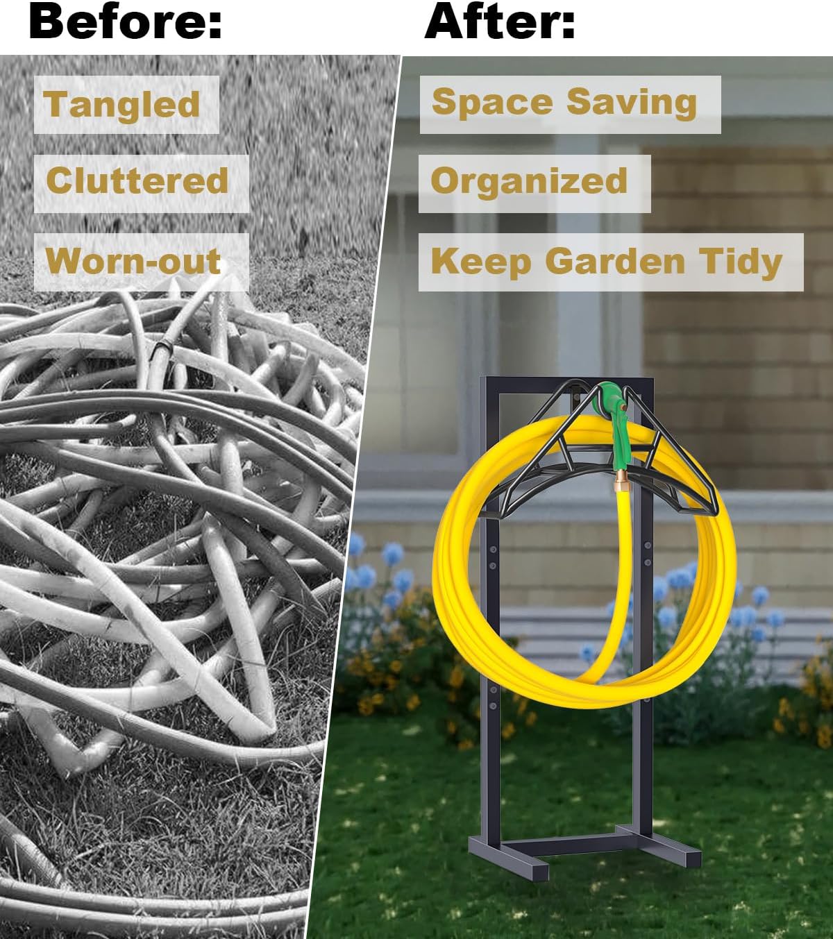 Outdoor Garden Hose Holder Freestanding with 4 Spikes, Heavy Duty Metal Water Hose Reel Stand Hanger Rack Organizer Holds Storage 150ft Hose for Outside Yard Lawn, Black