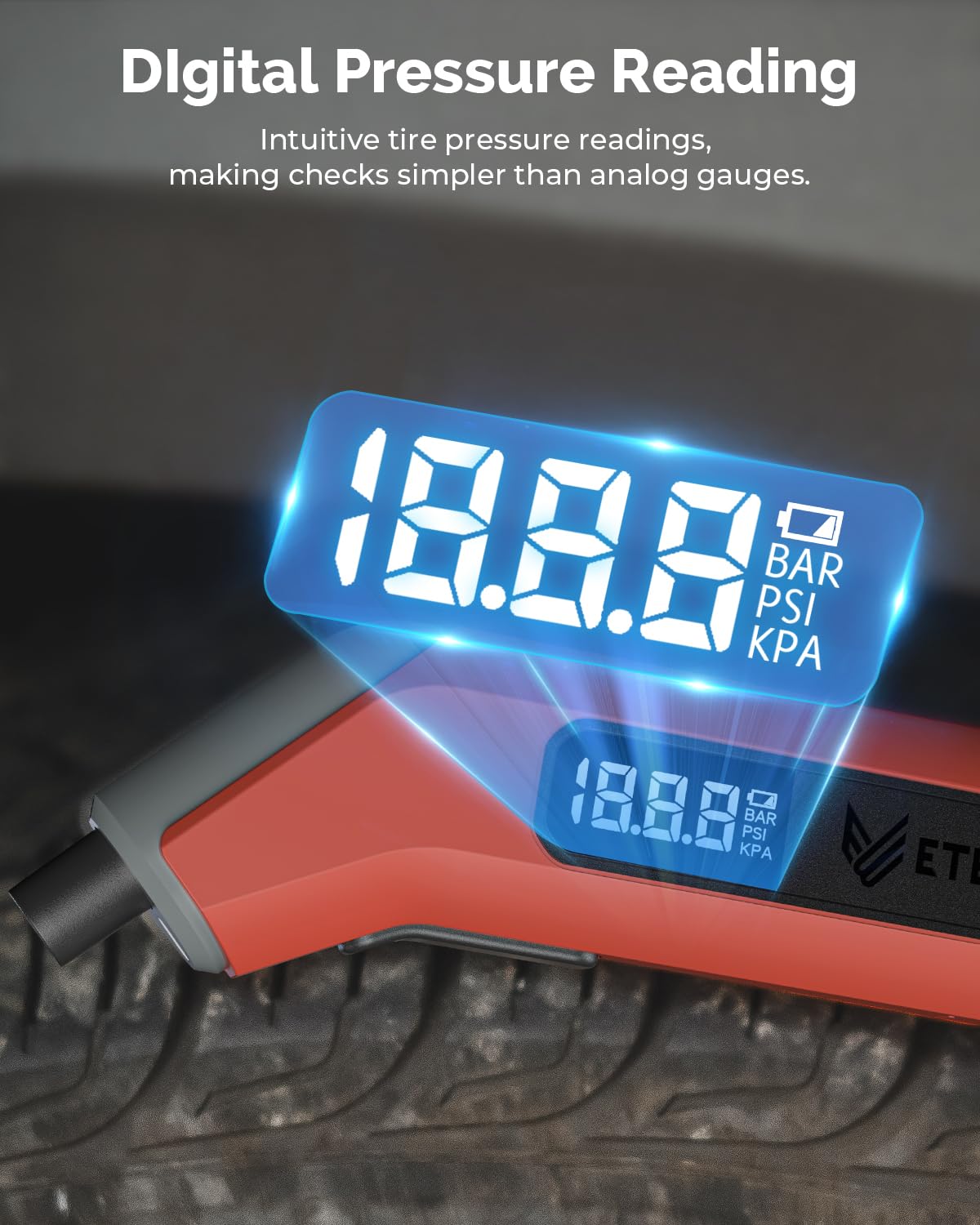 ETENWOLF T300 Plus Tire Pressure Gauge 200 PSI, Digital Tire Gauge with Bright LED Display, Tire Gauges for Tire Pressure with Presta Valve Adaptor (Vivid Orange)