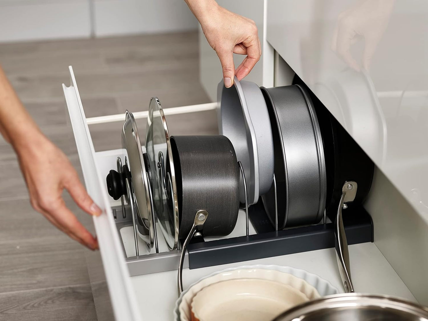 NEW - Joseph Joseph DrawerStore Expanding Cookware Organizer, Space saving storage for pan lids, baking trays - Grey - Retail $19