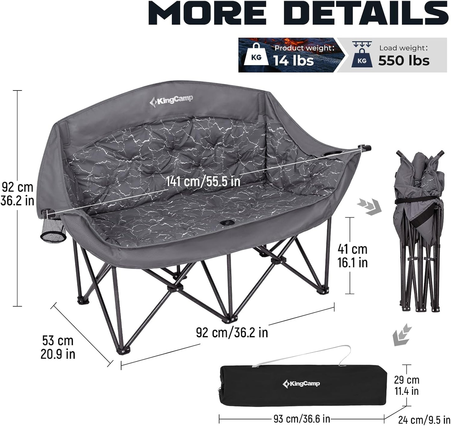 KingCamp Double Camping Chairs Oversized for Adults, Folding Padded Loveseat Campig Chair,Camping Couch with Cup Holder Wine Glass Holder,Support 440 lbs for Outdoor Lawn Beach Travel,Volcapetra - Retail $120