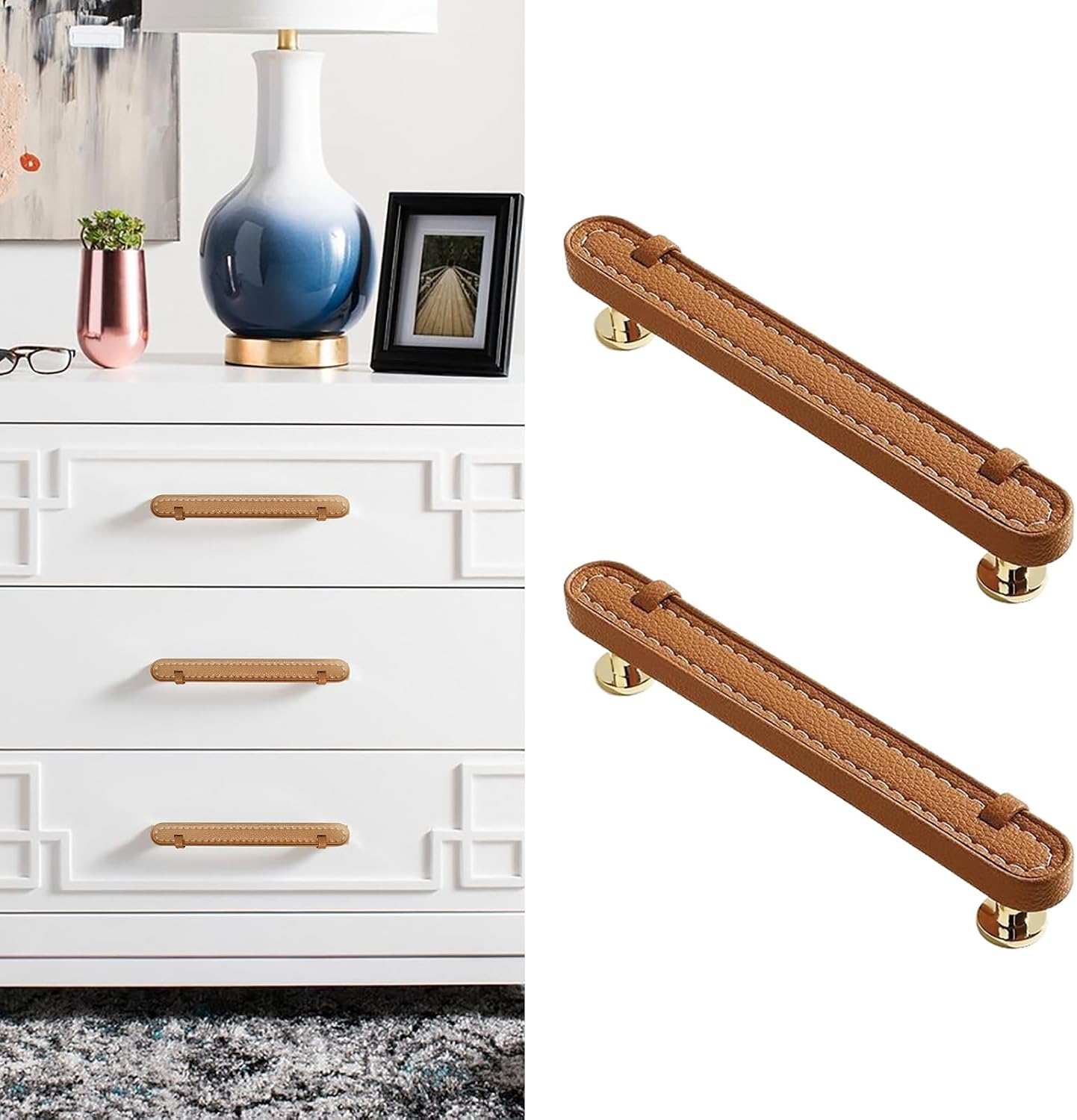 2 Pack Leather Cabinet Handle Pulls 5” Hand-Stitch Brown Leather Drawer Pulls Dresser Handle Pulls for Cabinets Cupboards Dressers Drawers Bedroom Leather Pulls