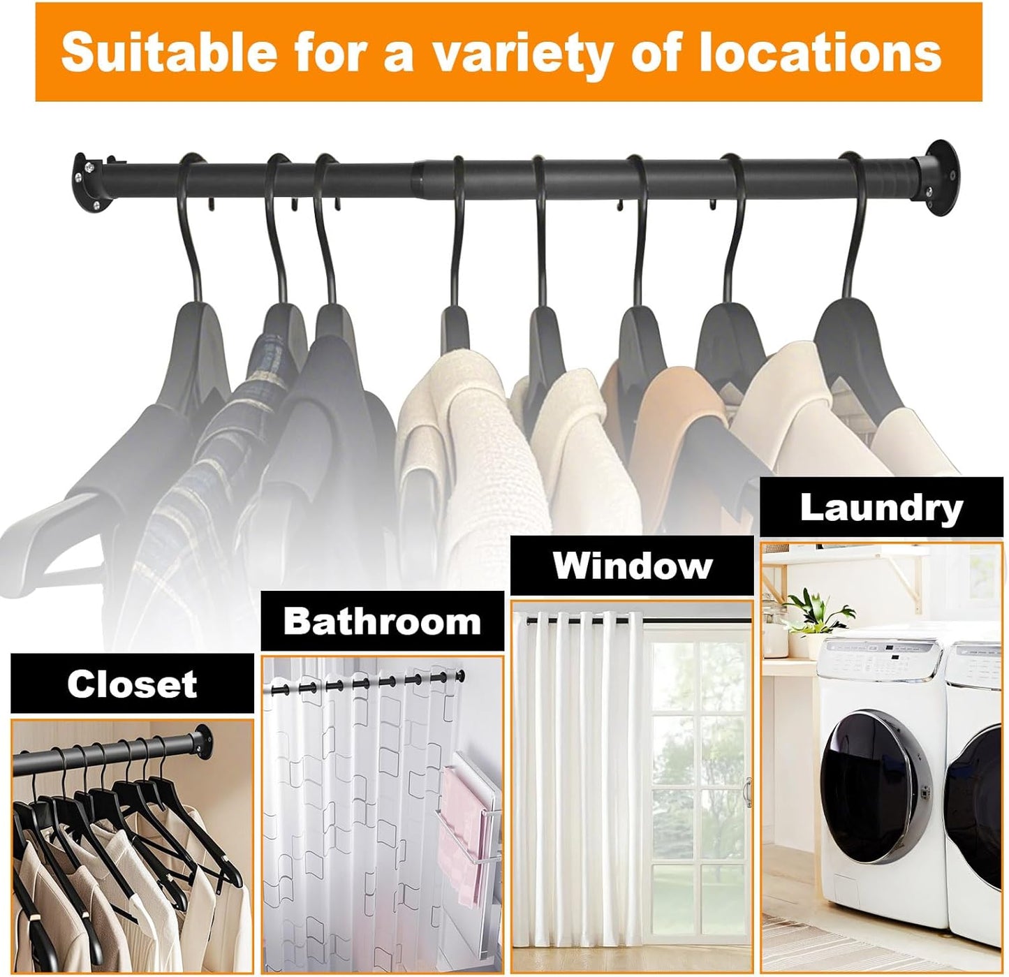 Closet Rod, 17 to 40 Inch Closet Rods for Hanging Clothes, 1.3 Inch Diameter Stepless Adjustable Clothes Hanging Rod, Black Heavy Duty Hanging Bar for Closet Wardrobes Bathroom Laundry