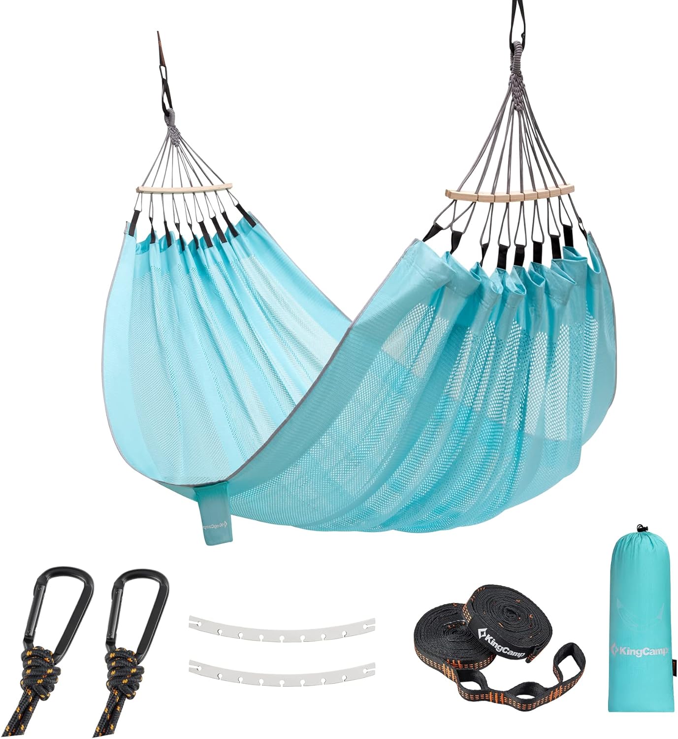 NEW - KingCamp Double Mesh Hammock, Camping Hammock Breathable Portable Outdoor/Indoor Hammocks Tree Hammock for Camping Backpacking, Hiking, Backyard, Patio Support to 440lbs, 2 Tree Straps (Cyan) - Retail $29