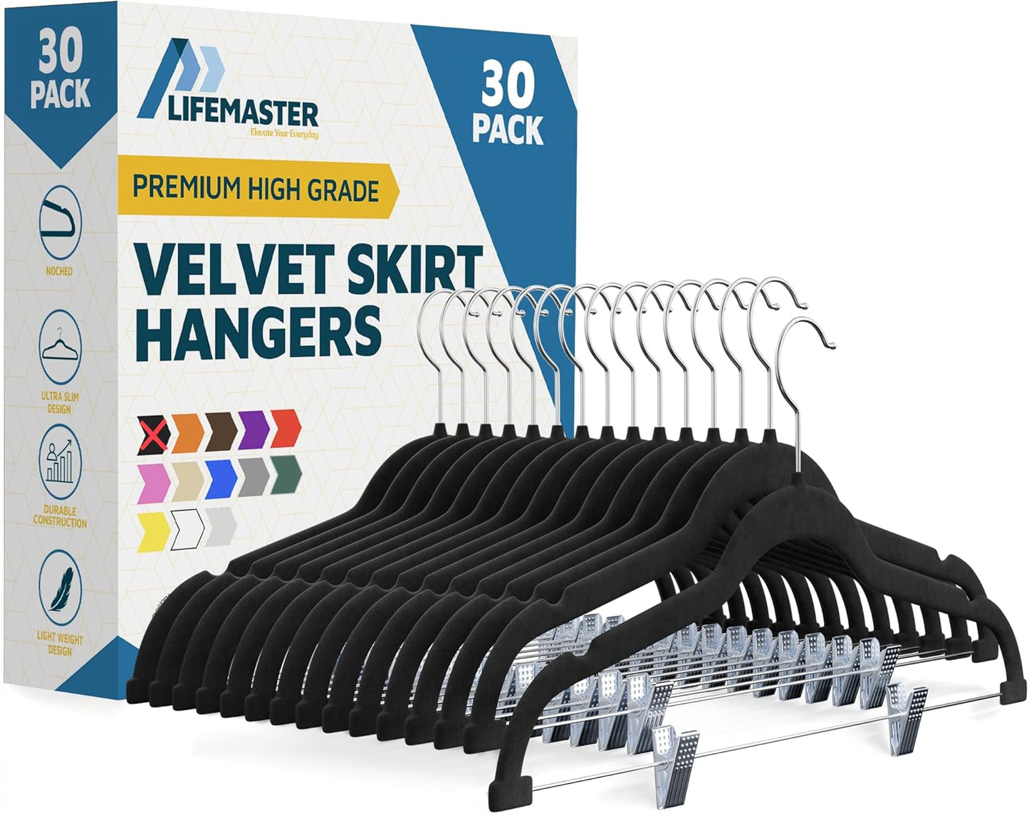 Lifemaster Velvet Skirt Hangers – with Adjustable Clips, 360 Degree Swivel Hook, and Non-Slip Shoulder Notch, Holds Up to 10 lbs, for Organizing Skirt, Pants, Dress, and Clothes, Pack of 30, Black