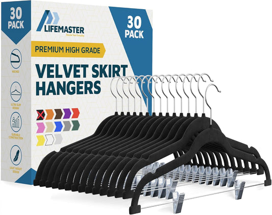 Lifemaster Velvet Skirt Hangers – with Adjustable Clips, 360 Degree Swivel Hook, and Non-Slip Shoulder Notch, Holds Up to 10 lbs, for Organizing Skirt, Pants, Dress, and Clothes, Pack of 30, Black