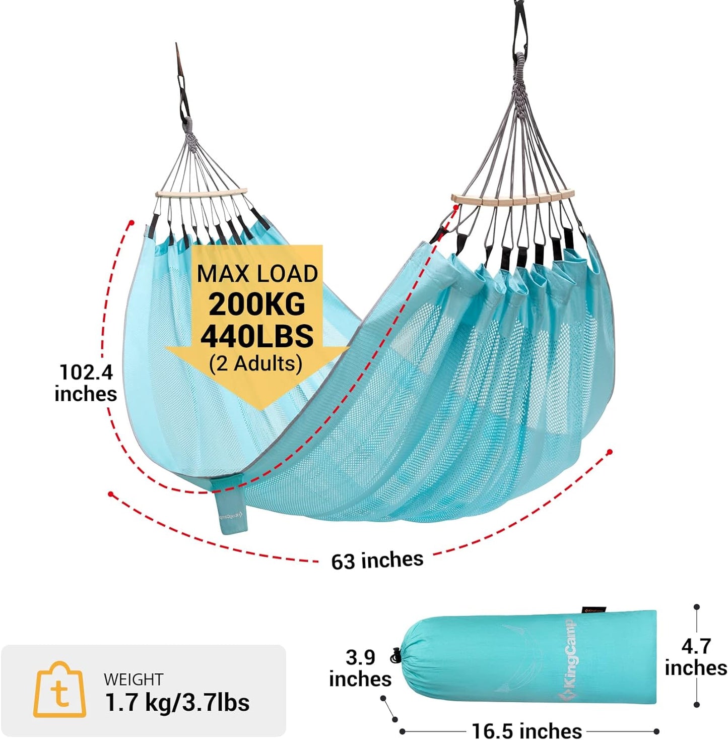 NEW - KingCamp Double Mesh Hammock, Camping Hammock Breathable Portable Outdoor/Indoor Hammocks Tree Hammock for Camping Backpacking, Hiking, Backyard, Patio Support to 440lbs, 2 Tree Straps (Cyan) - Retail $29