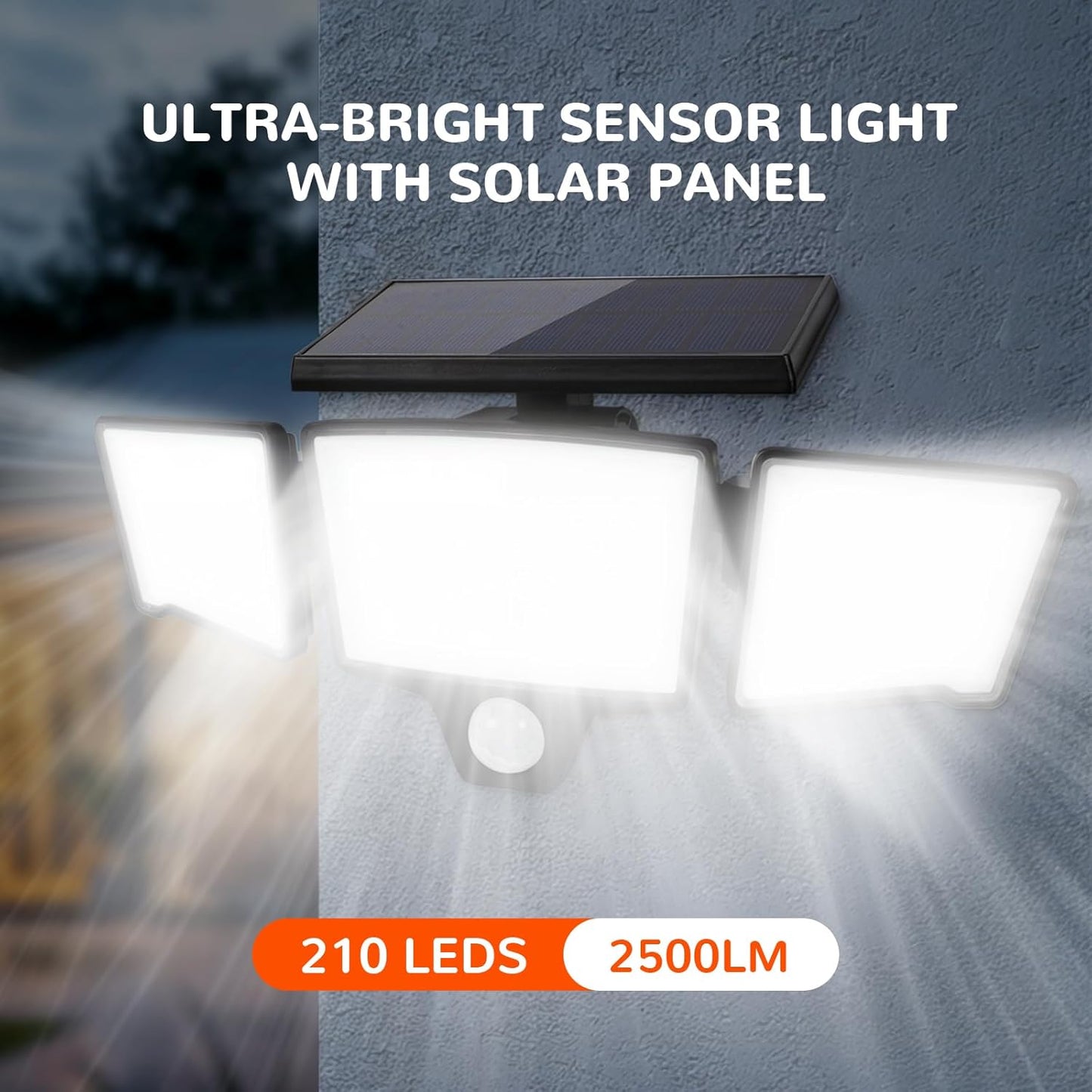 JJC Solar Motion Lights Outdoor Waterproof - 2500LM 3 Heads 270° Wide Angle Flood Lights with Motion Sensor, IP65 Waterproof Security Lighting, 3 Modes for Yard/Garage