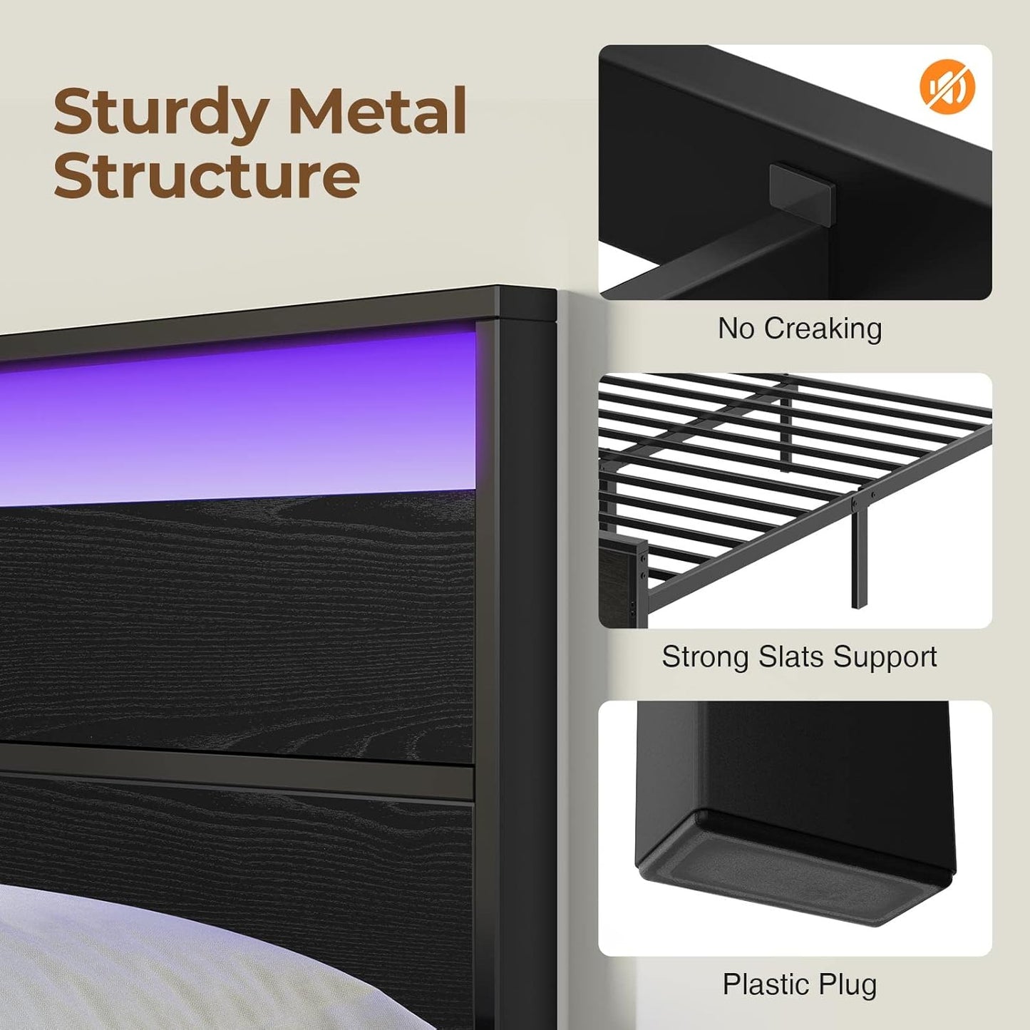 Rolanstar Twin Bed Frames with Headboard, Twin Bed with LED Lights, Camas Twin Size Bed with Charging Station, Solid Metal Slats, Noise Free, No Box Spring Needed, Black