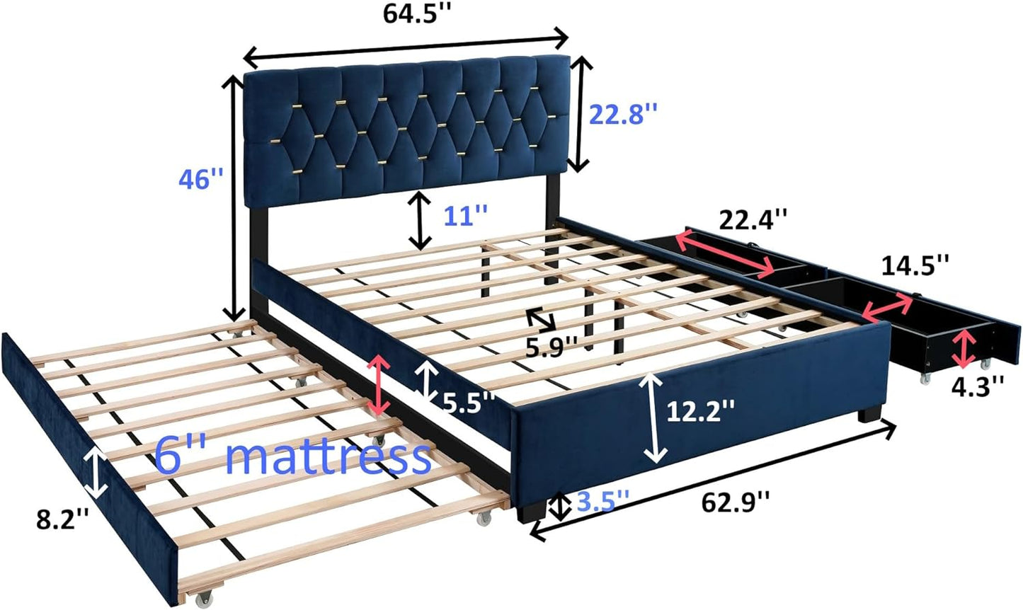 NEW - Oudiec Upholstered Queen Size Platform Bed with Trundle and Drawers for Bedroom/Guest Room, Pine Bedframe w/Wood Slat Support, No Box Spring Required,Blue - Retail $219