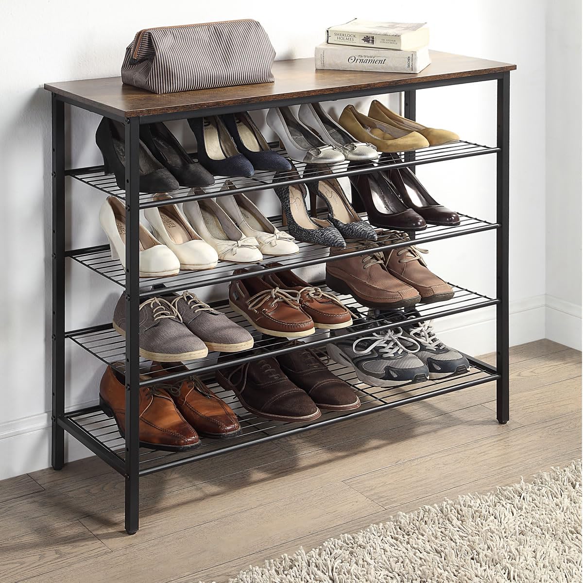NEW - HQXING 5-Tier Shoe Rack Organizer, Metal Mesh Shoe Storage Shelf, for Entryway, Hallway, Closet, Dorm Room, Industrial, Rustic Brown - Retail $65
