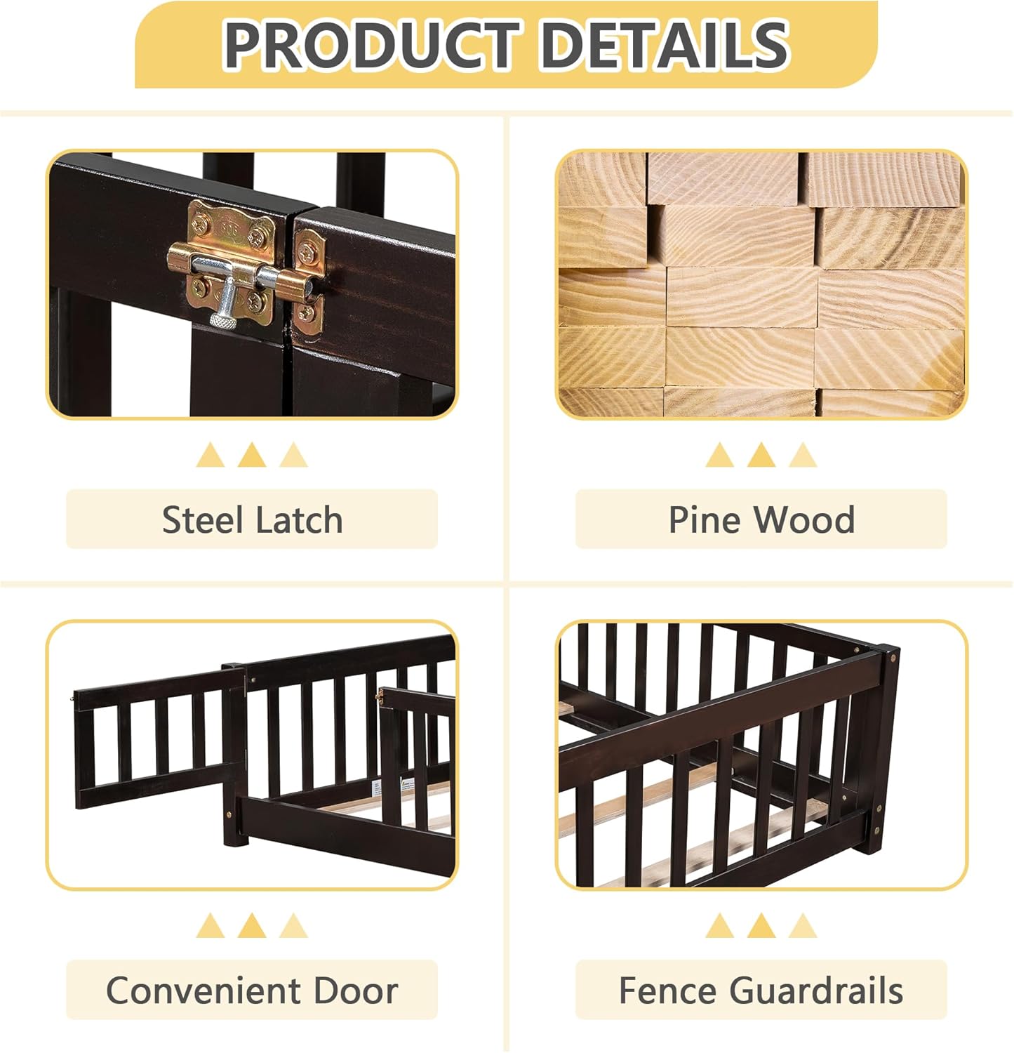 NEW - Dolonm QUEEN Size Montessori Bed, Toddler Floor Bed for Kids, Floor Platform Bed with Fence Guardrails and Door, Montessori Floor Bed Frame, Wooden Floor Bed Toddler, Espresso