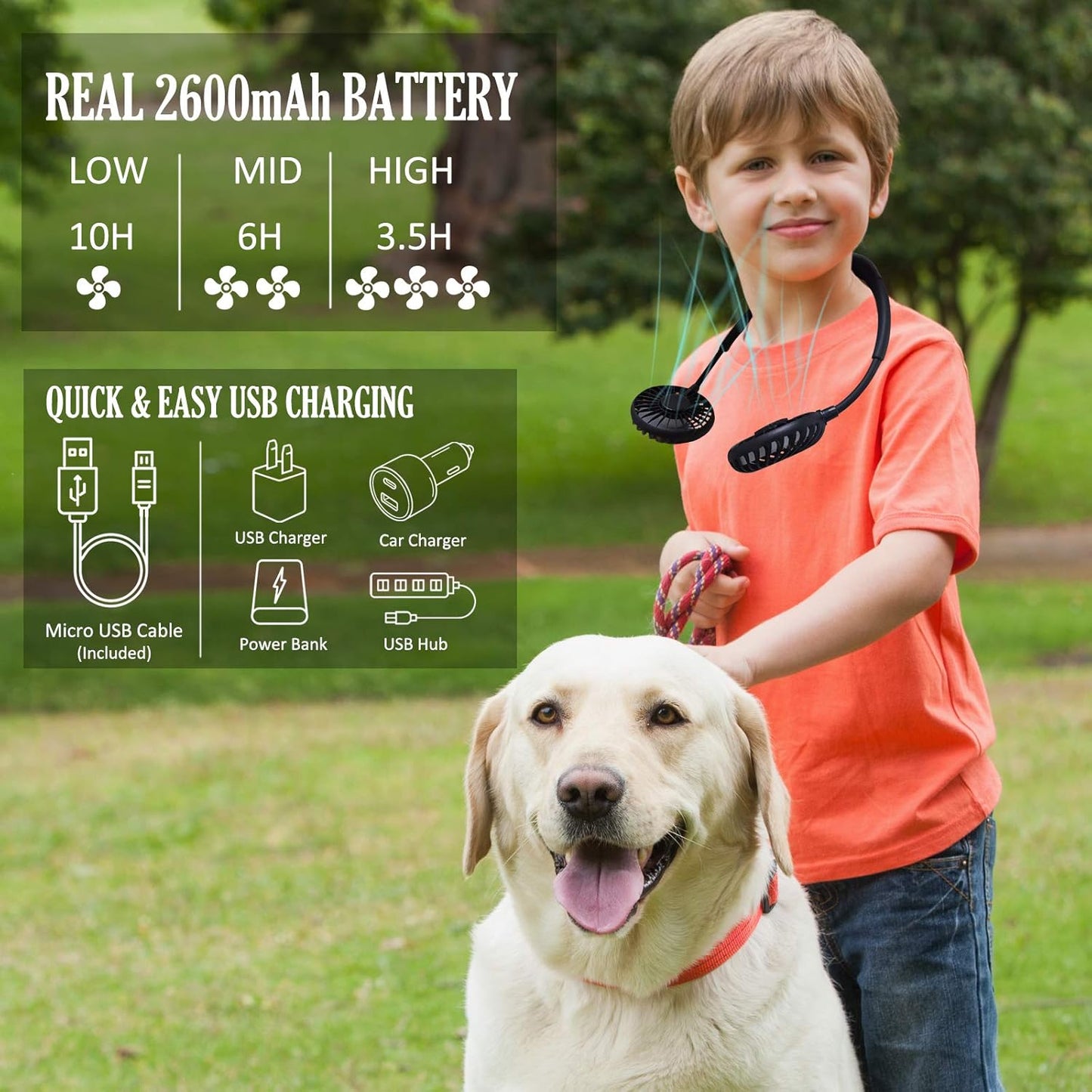 Neck Fan - 2600mAh Battery Operated Hands Free Fan, Portable Hang Around Neck Fans for Fishing, Camping, Hiking, Working, USB Powered, Over 12 Hours Cooling