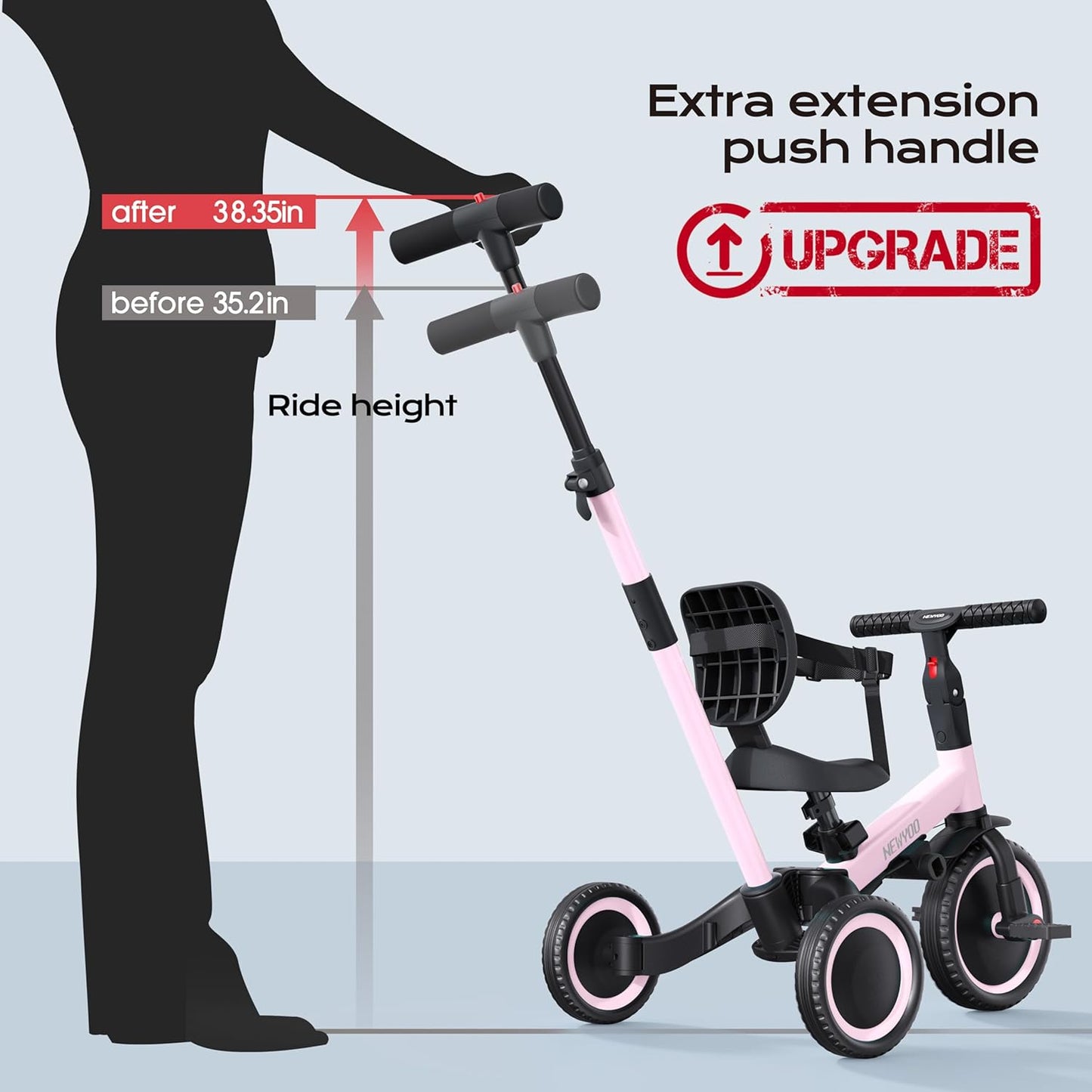 newyoo Toddler Tricycle,Toddler Bike,Birthday Gifts and Toys for 1-3 Year Old Boys and Girls, Trike with Push Handle, Backrest and Safety Belt, Balance Bike, TR007, Pink