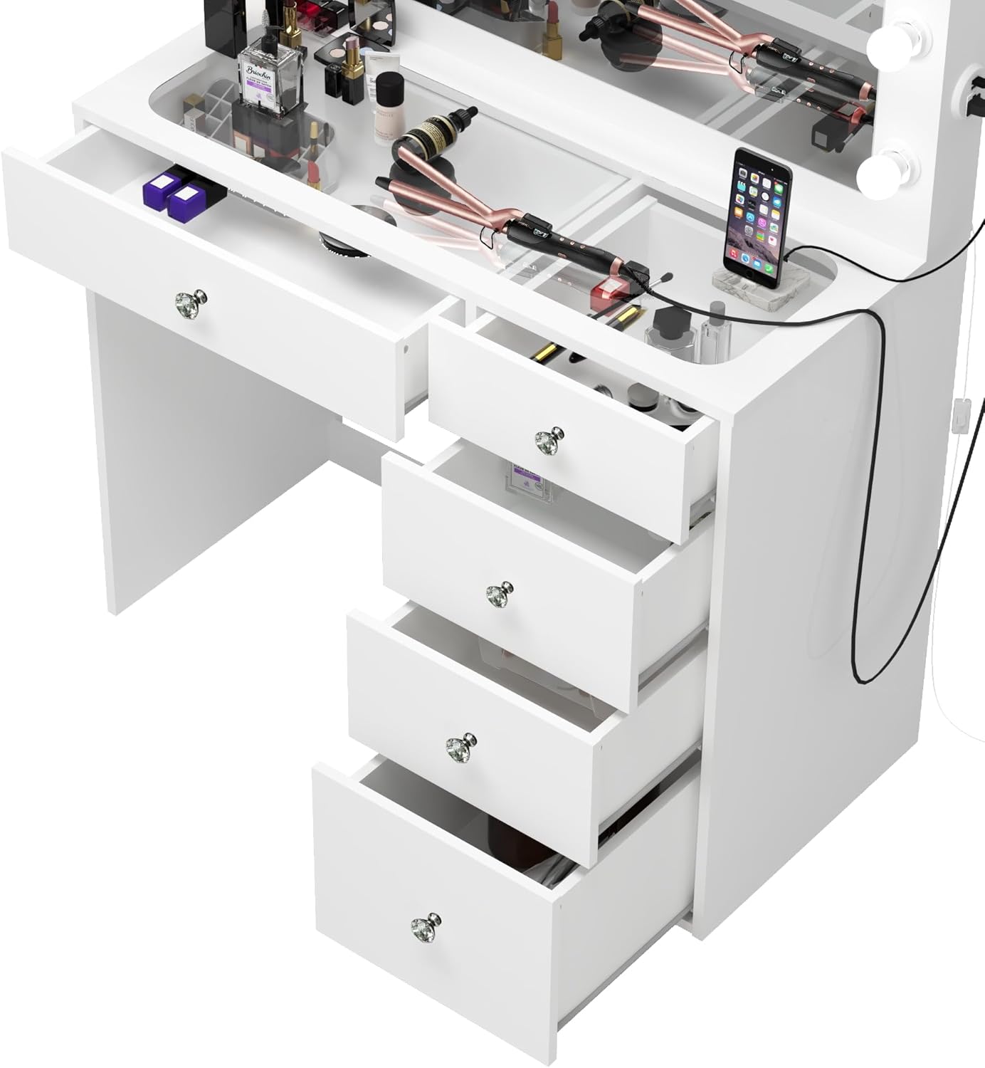 NEW W/ DMG - Boahaus Alana White Makeup Vanity Desk with Mirror and Lights, Crystal Knobs, 5 Drawers for Ample Storage, Glas Top, Elegant White Dressing Table with Mirror for Bedroom - Retail $245