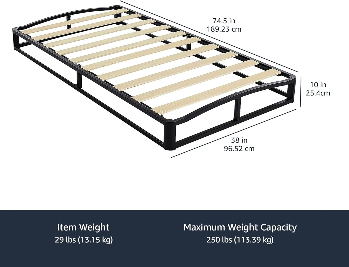 NEW - Amazon Basics Twin Metal Platform Bed Frame with Wood Slat Support, 10 Inches High, Black - Retail $106