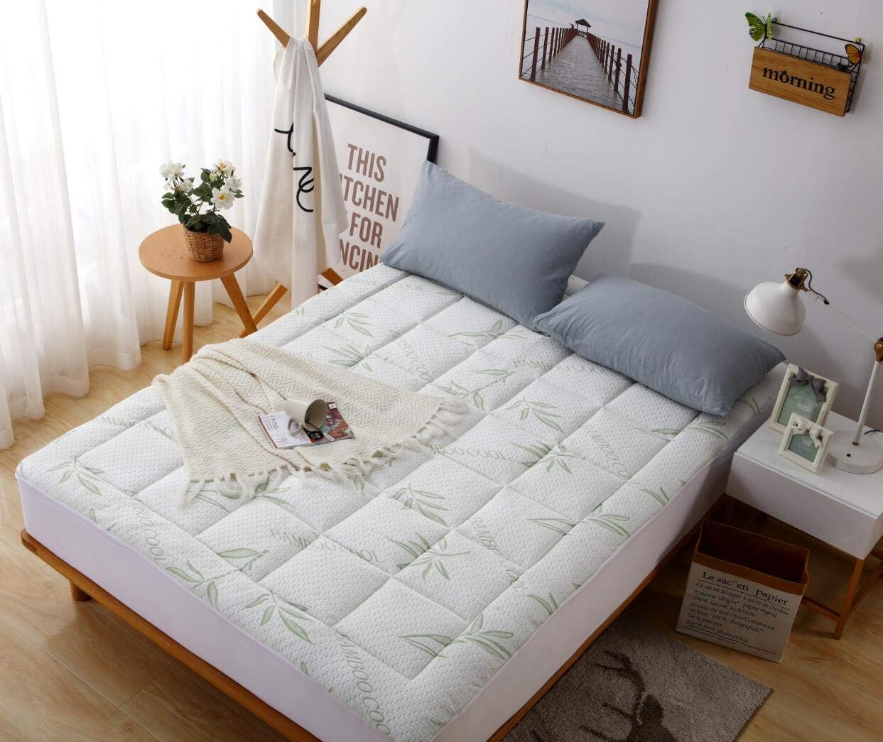 Elegant Comfort Premium Bamboo Mattress Pad-Overfilled Extra Plush Topper Breathable Cool Flow Technology, 16" Deep Pocket, King, Green