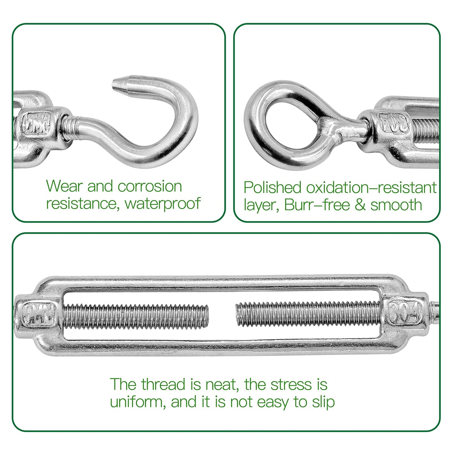 4PCS M6 Hook & Eye Turnbuckle 304 Stainless Steel Turnbuckle Wire Rope Tension, 8PCS M3 Stainless Steel Thimble, 16PCS M3 Wire Rope Clip Clamp, Cable Railing Kit