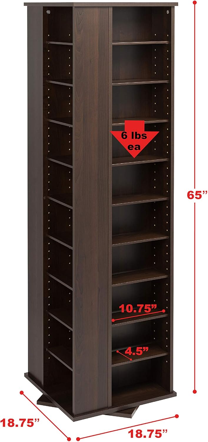Prepac 4 Revolving Display Cabinet Media Storage, Large Four-Sided Spinning Tower, Espresso